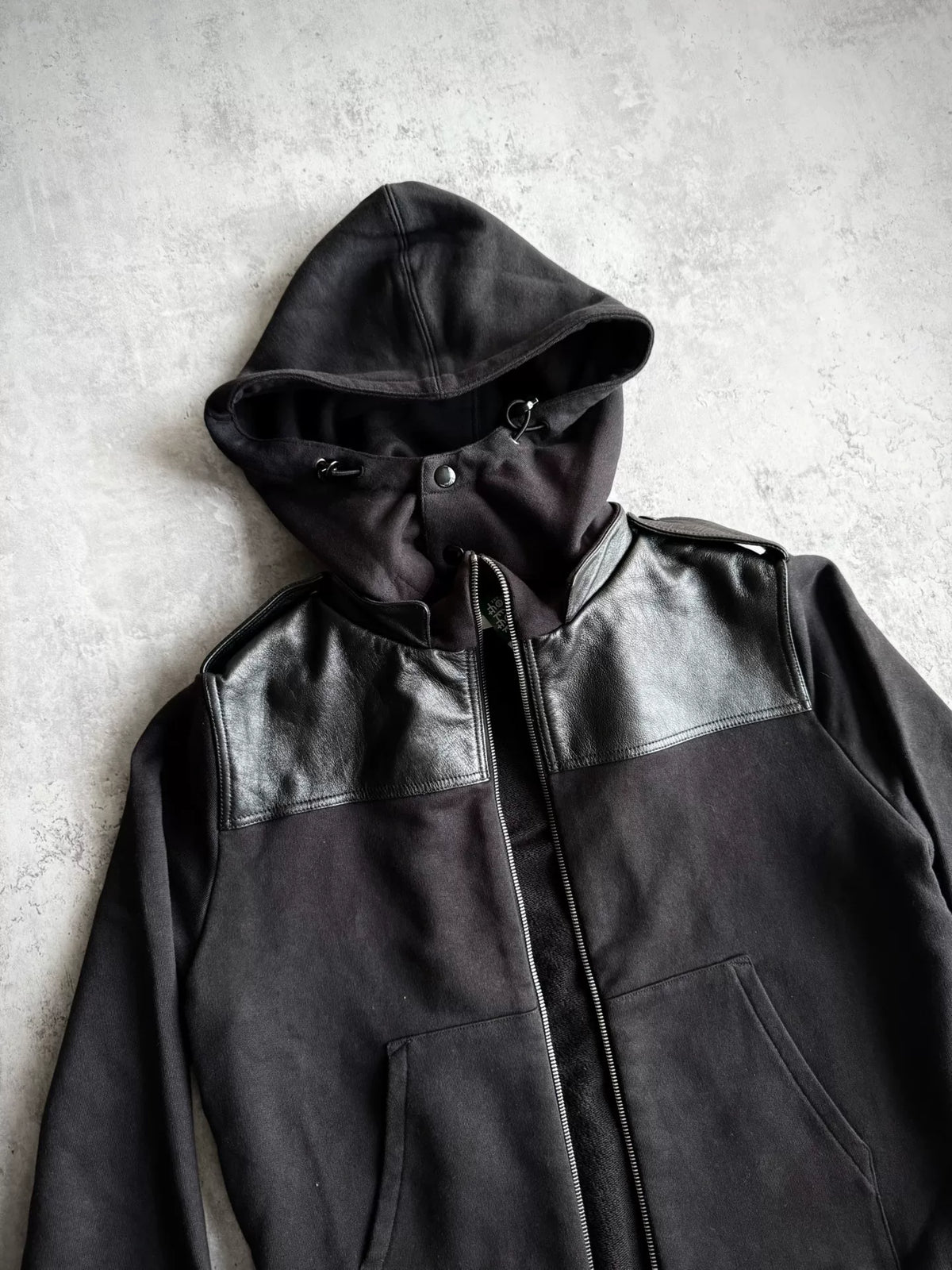 Saint Laurent Paris AW19 Black Military Leather Panel Zip-Up Hooded Sweater