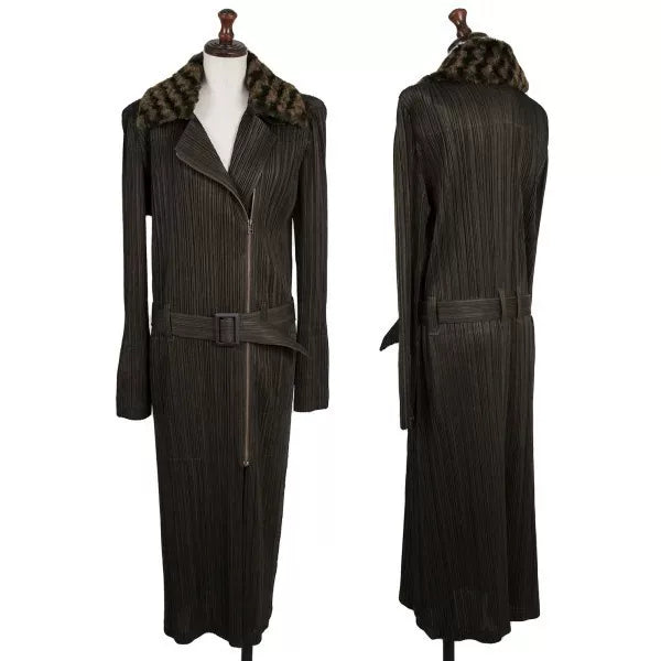 Issey Miyake Vintage Brown Double-Breasted Fur-Collar Pleated Coat