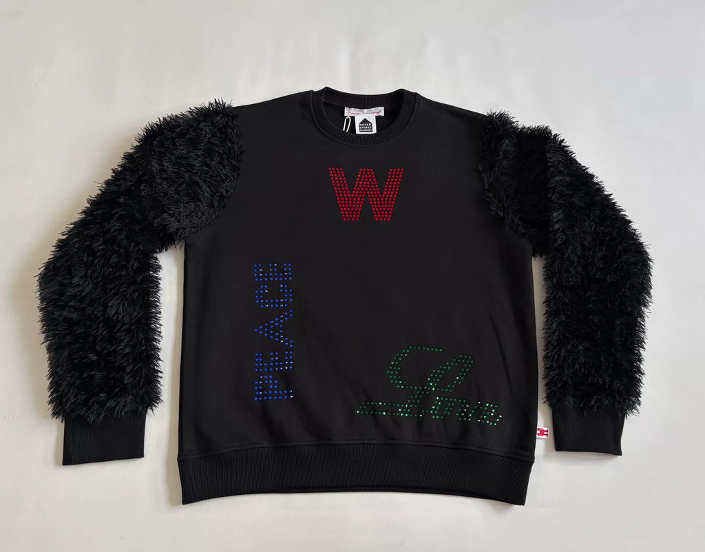 Walter Van Beirendonck fur patchwork rhinestone sweatshirt