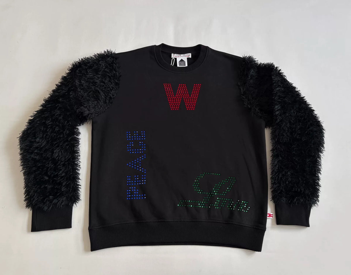 Walter Van Beirendonck fur patchwork rhinestone sweatshirt