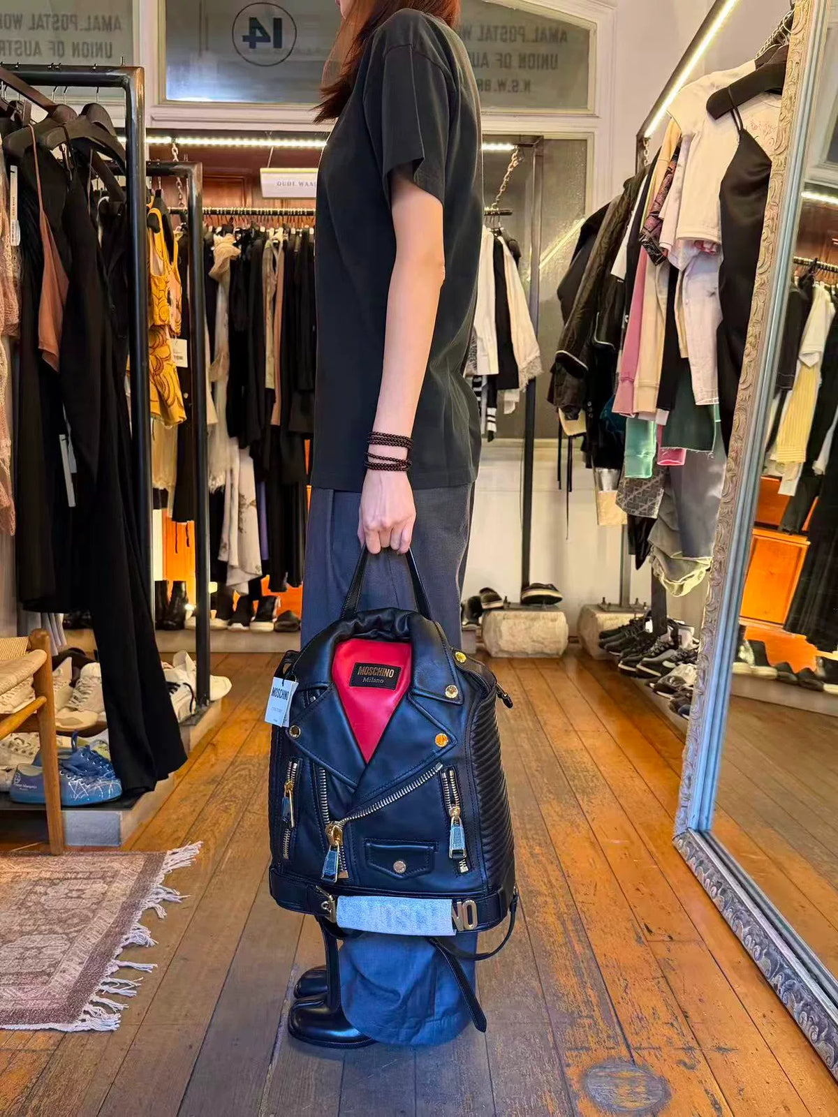 Moschino FW14 Black Biker Gold Buckle Lambskin Backpack
