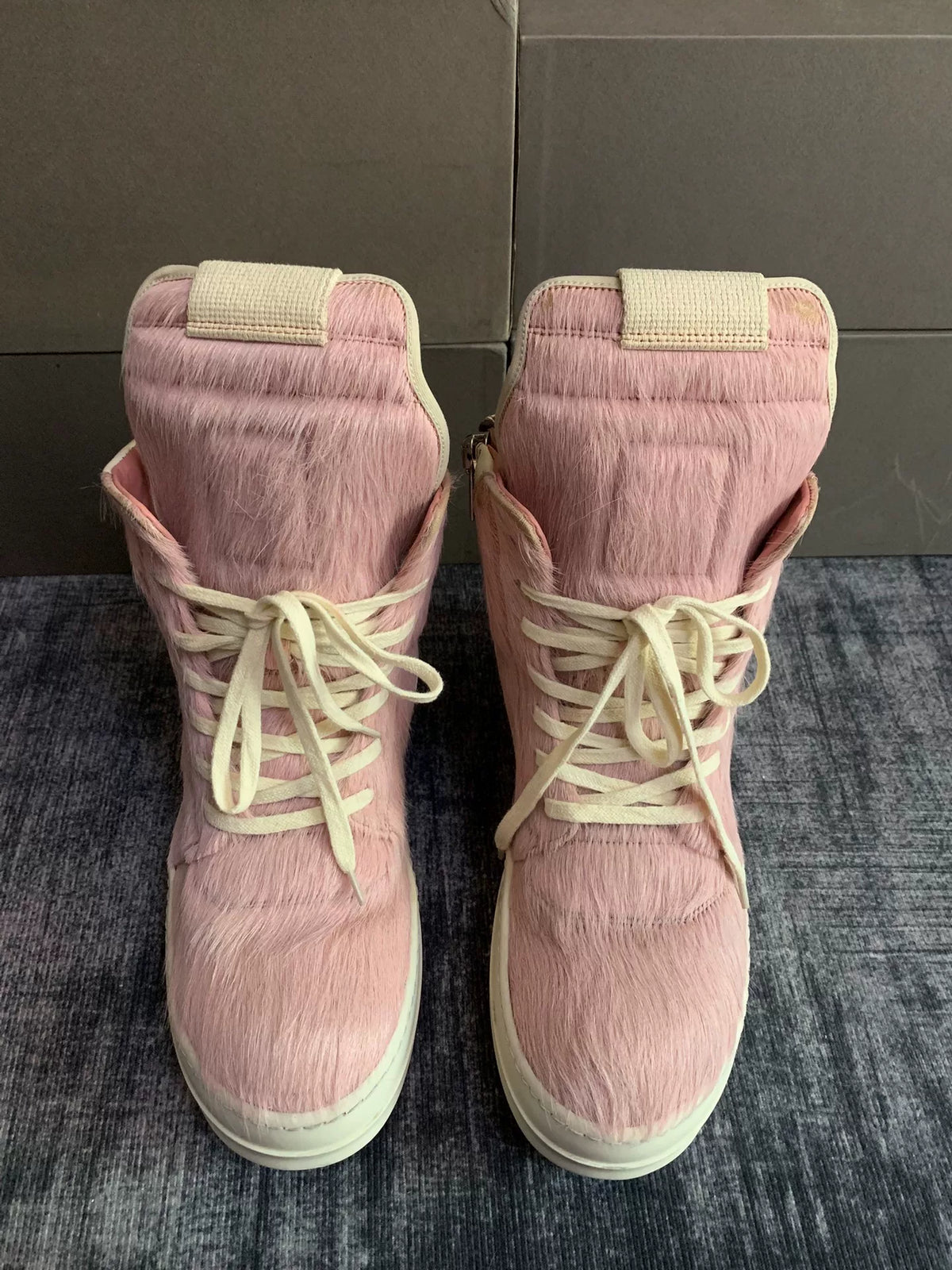 Rick Owens Inverted-Triangle Pink Fur Sneakers
