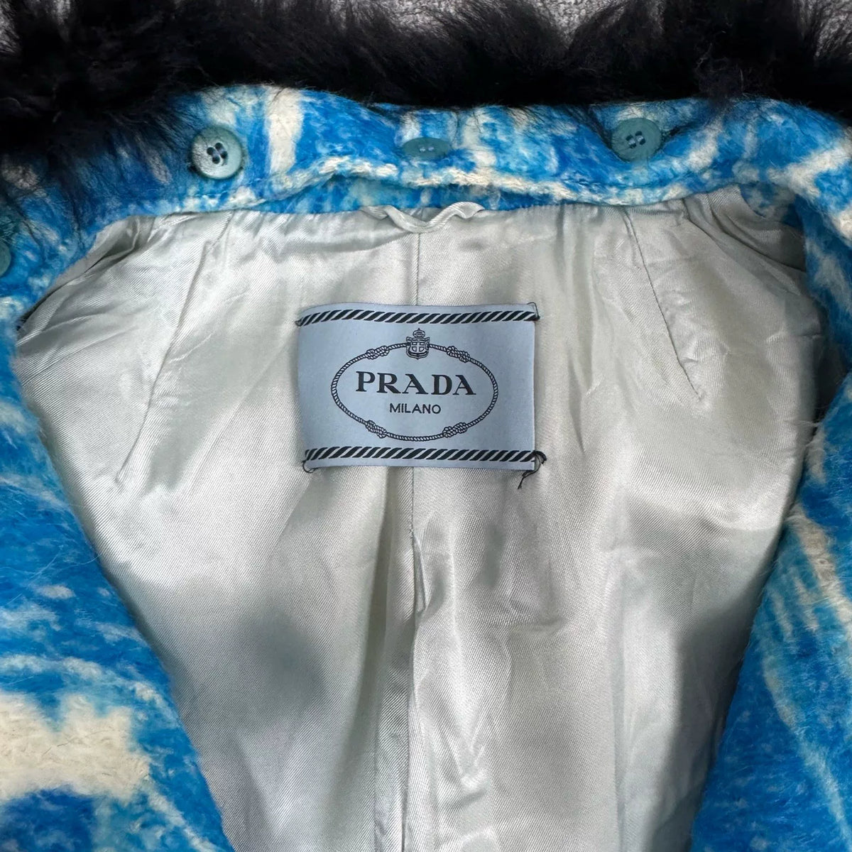 Prada blue oil-painting style fur-collared turn-down jacket