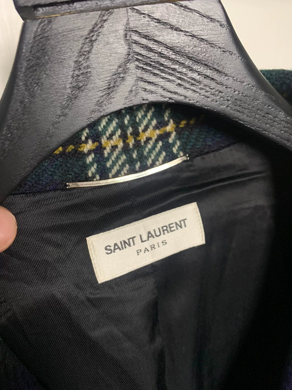 Saint Laurent 14FW Blue Green Plaid Wool Coat
