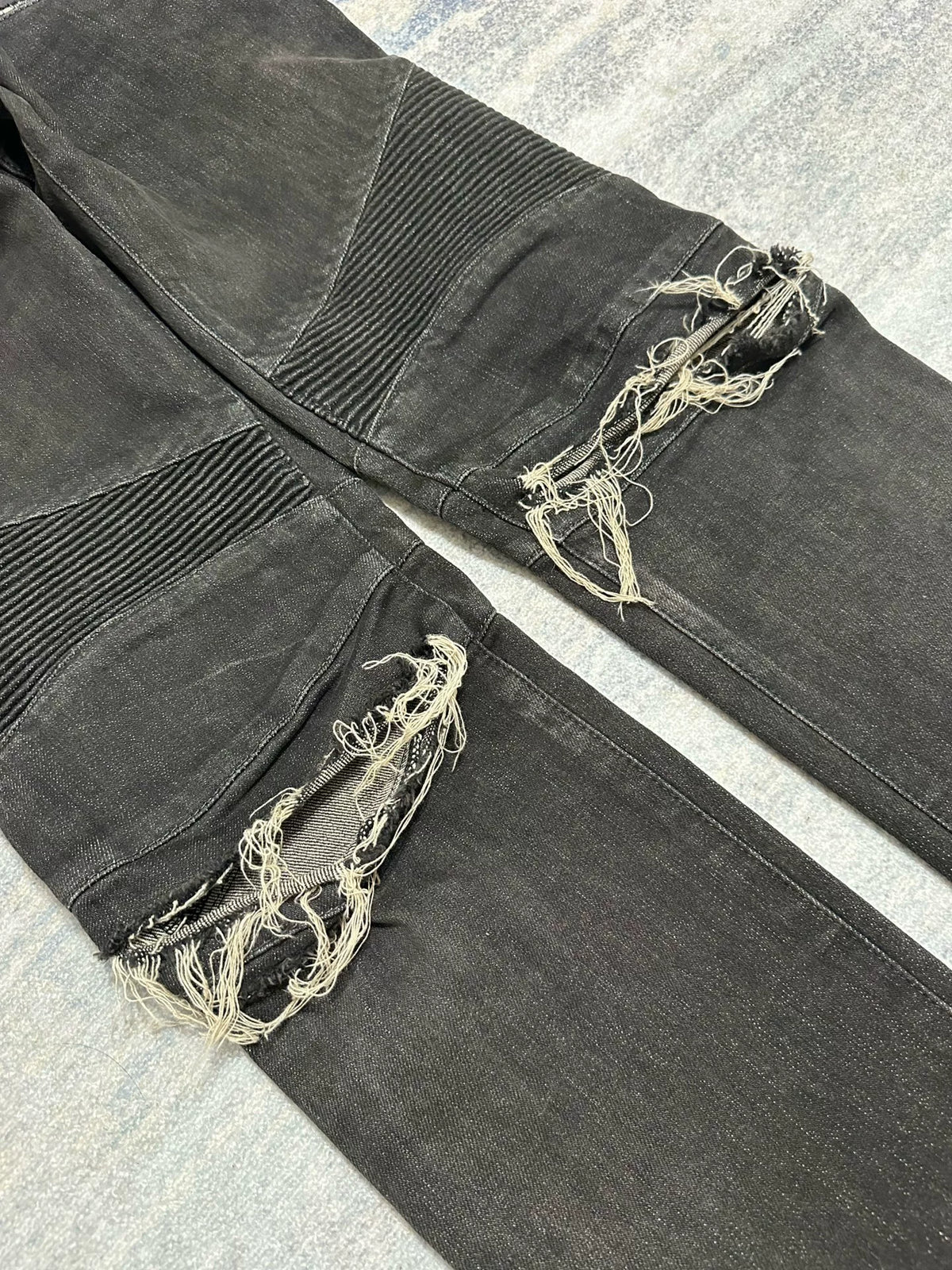 Balmain AW15 Destroyed Motorcycle Distressed Black Zip Jeans