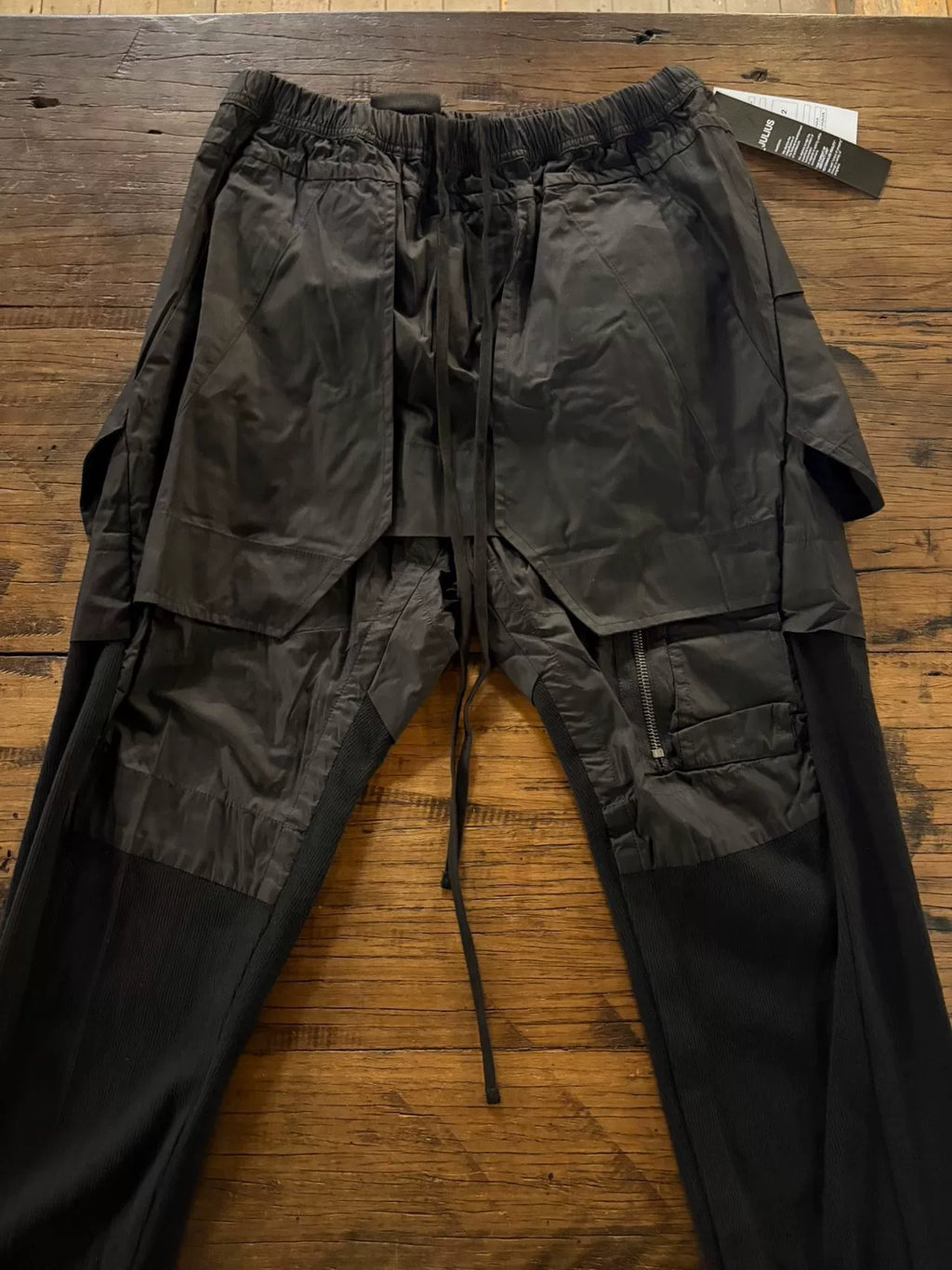Julius SS16 Black Double-Layer Skirt-Panel Utility Splice Cotton Nylon Pants