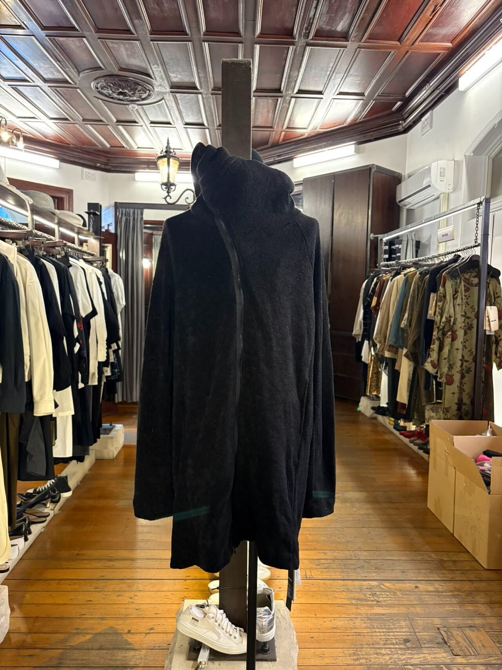 Julius FW16 Black Diagonal Zip Collared Long Hooded Beast Mixed Fiber Coat