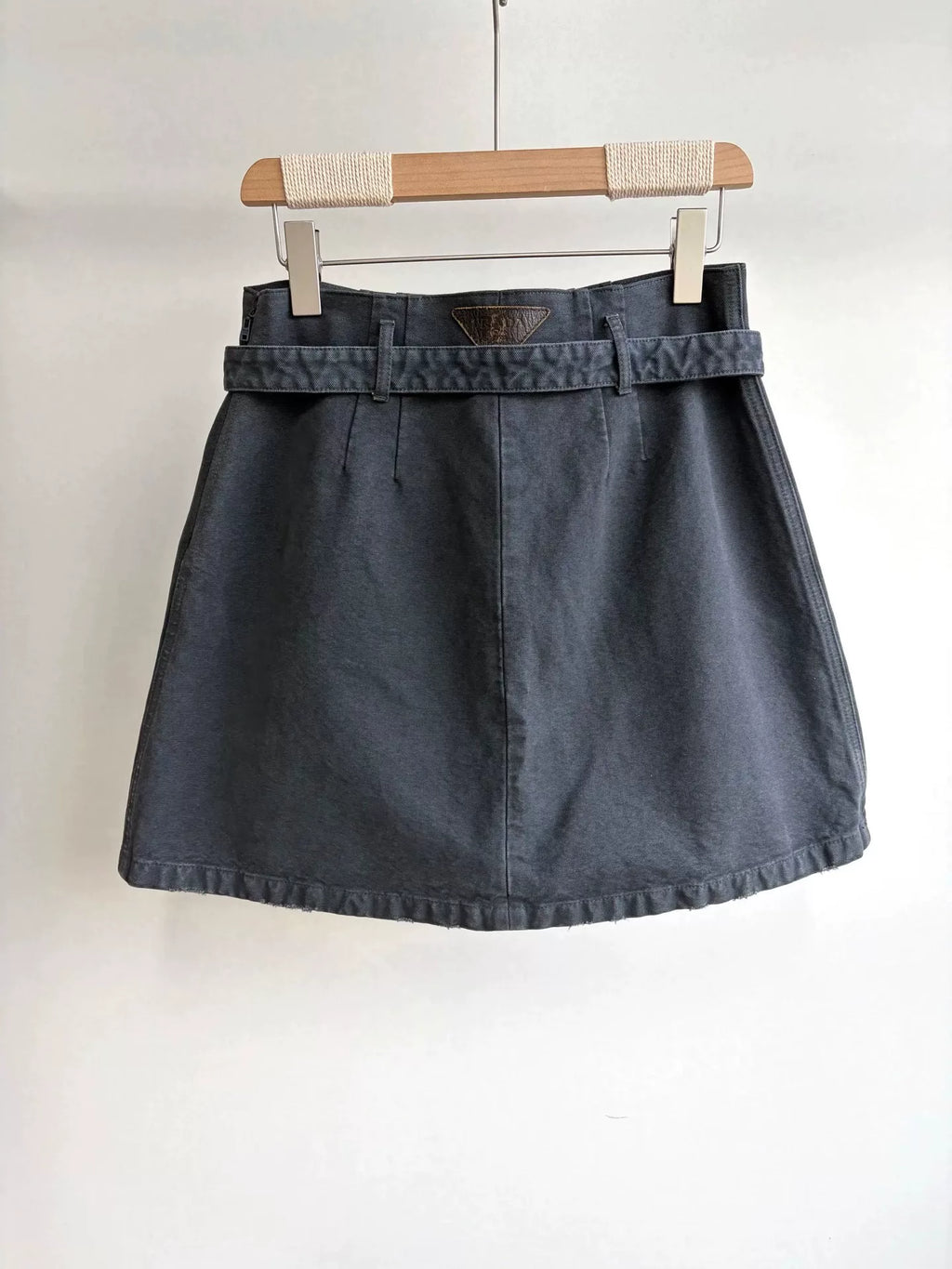 Prada Distressed Triangle Logo Denim Skirt