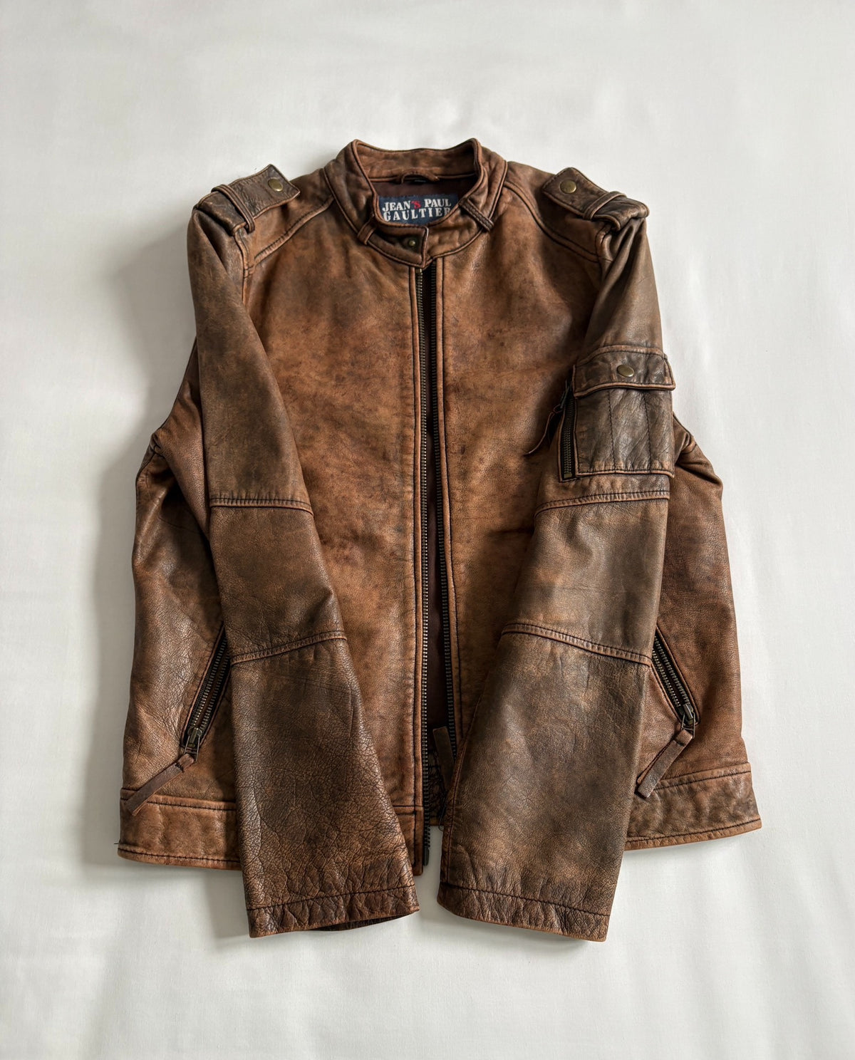 jean paul gaultier leather jacket high tige vintage distressed mottled motorcycle leather jacket