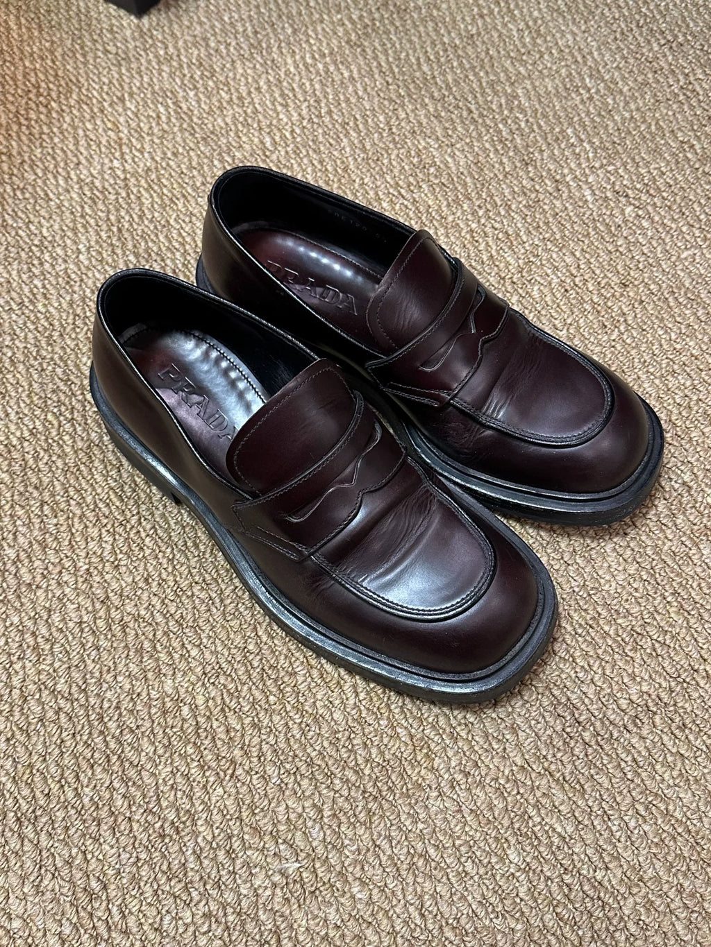Prada Frankenstein Square-Toe Burgundy Loafers