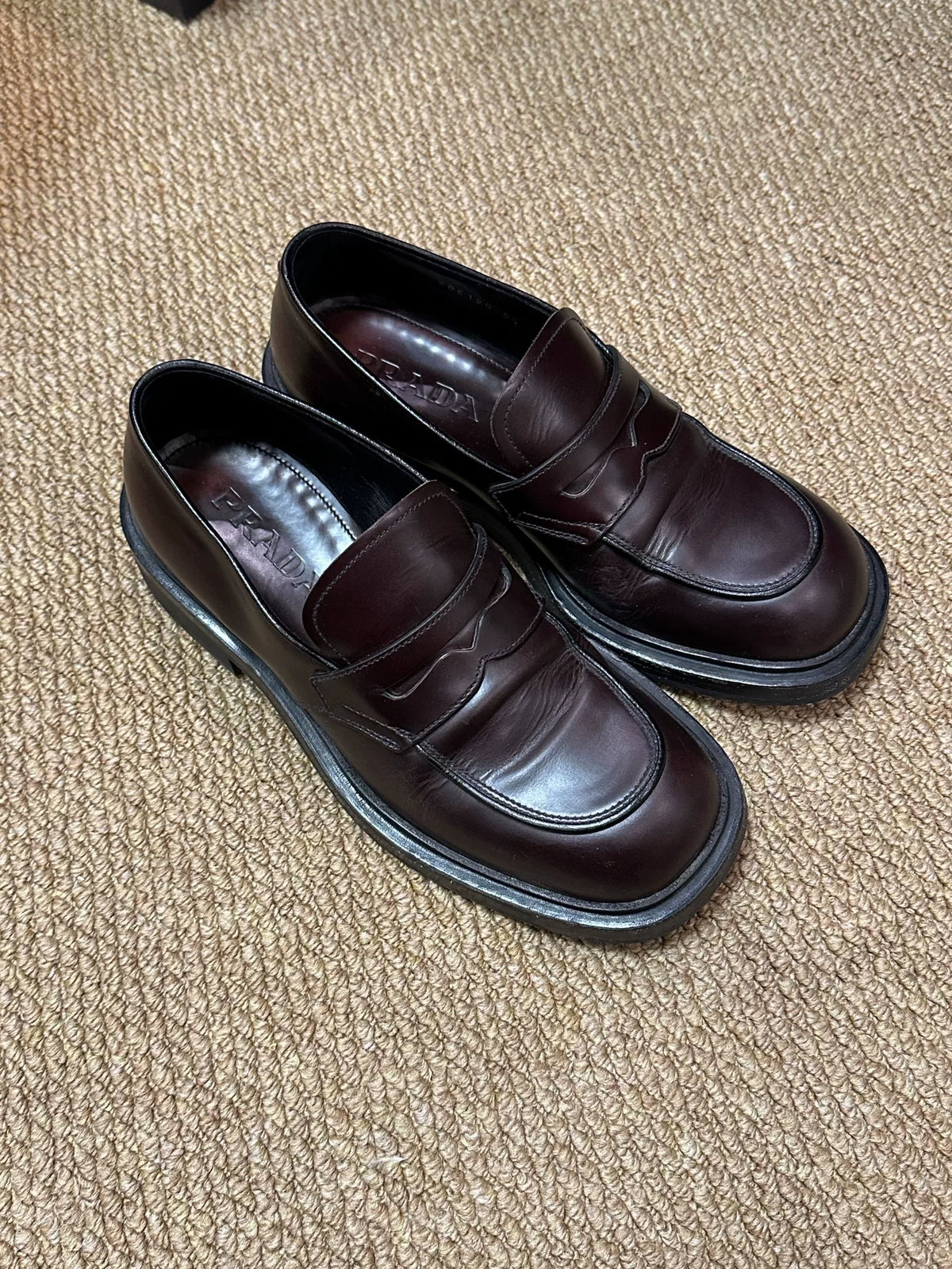 Prada Frankenstein Square-Toe Burgundy Loafers
