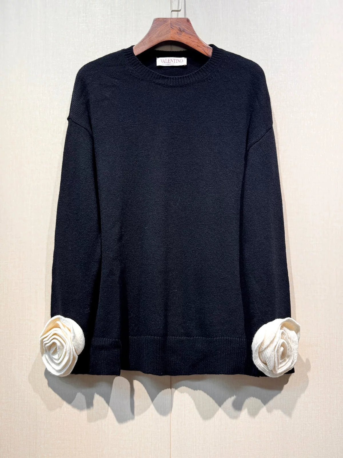 Valentino Black Crew Neck White Floral Sleeve Knit Sweater