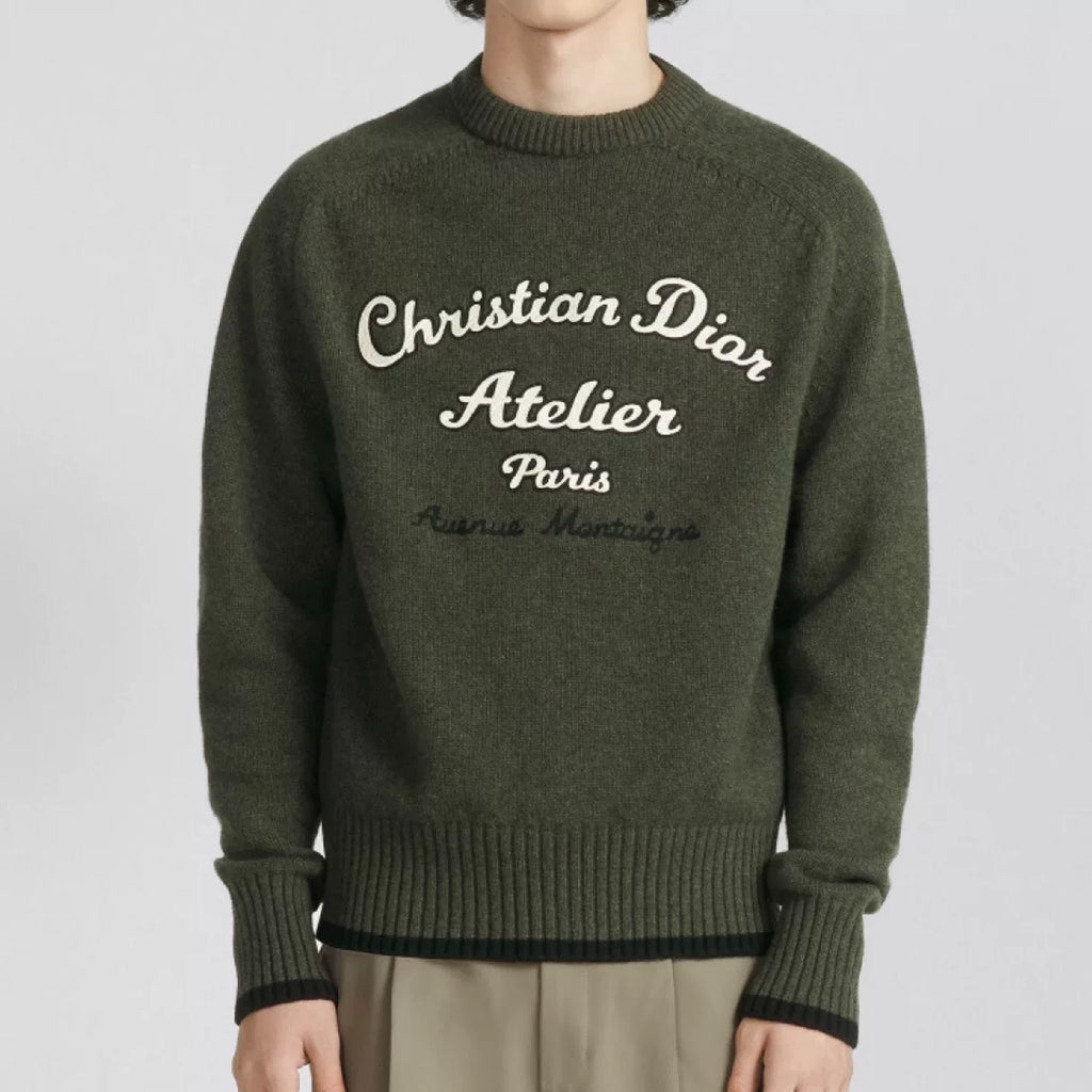 Dior Long Sleeve Embroidered Logo Wool Green Knit Sweater