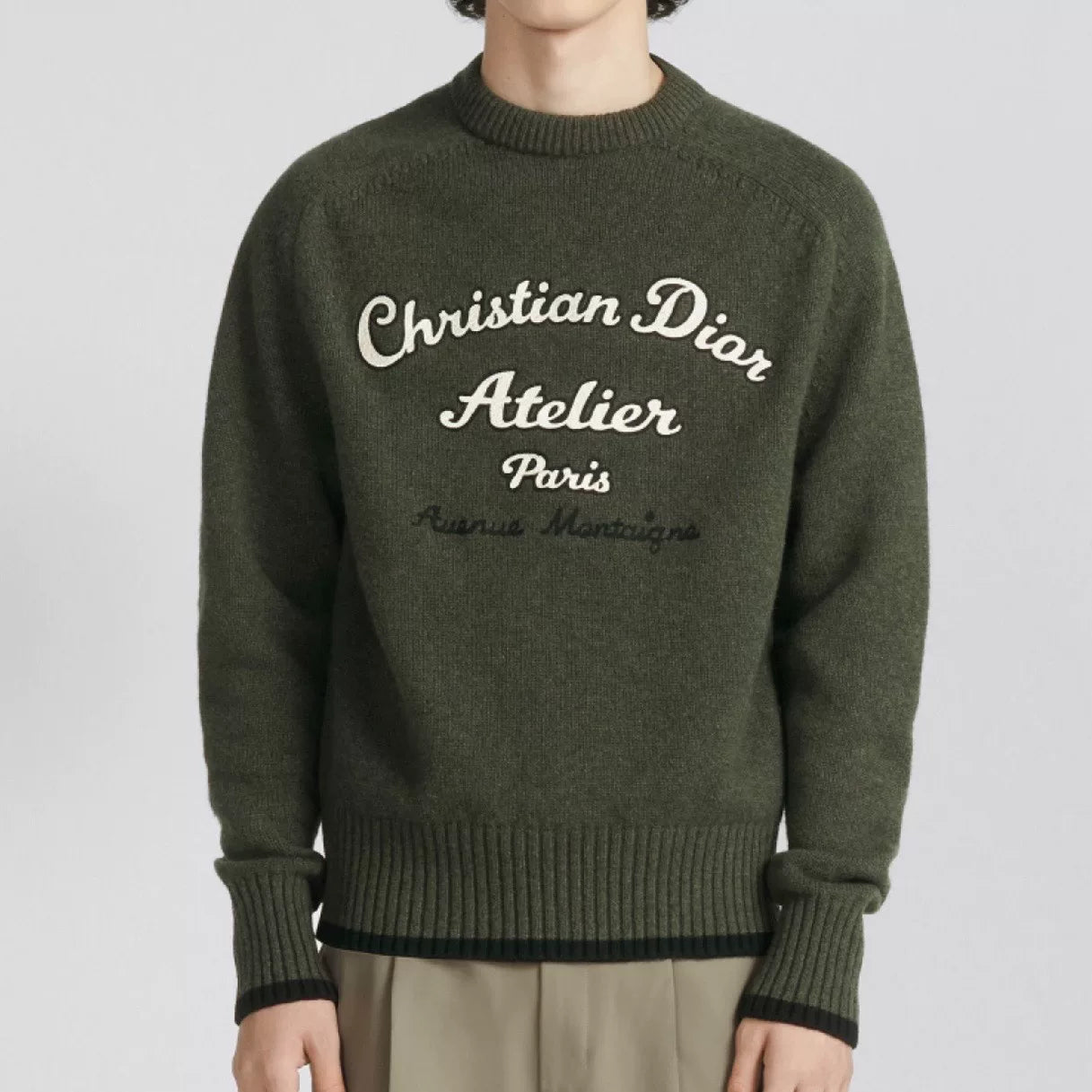 Dior Long Sleeve Embroidered Logo Wool Green Knit Sweater