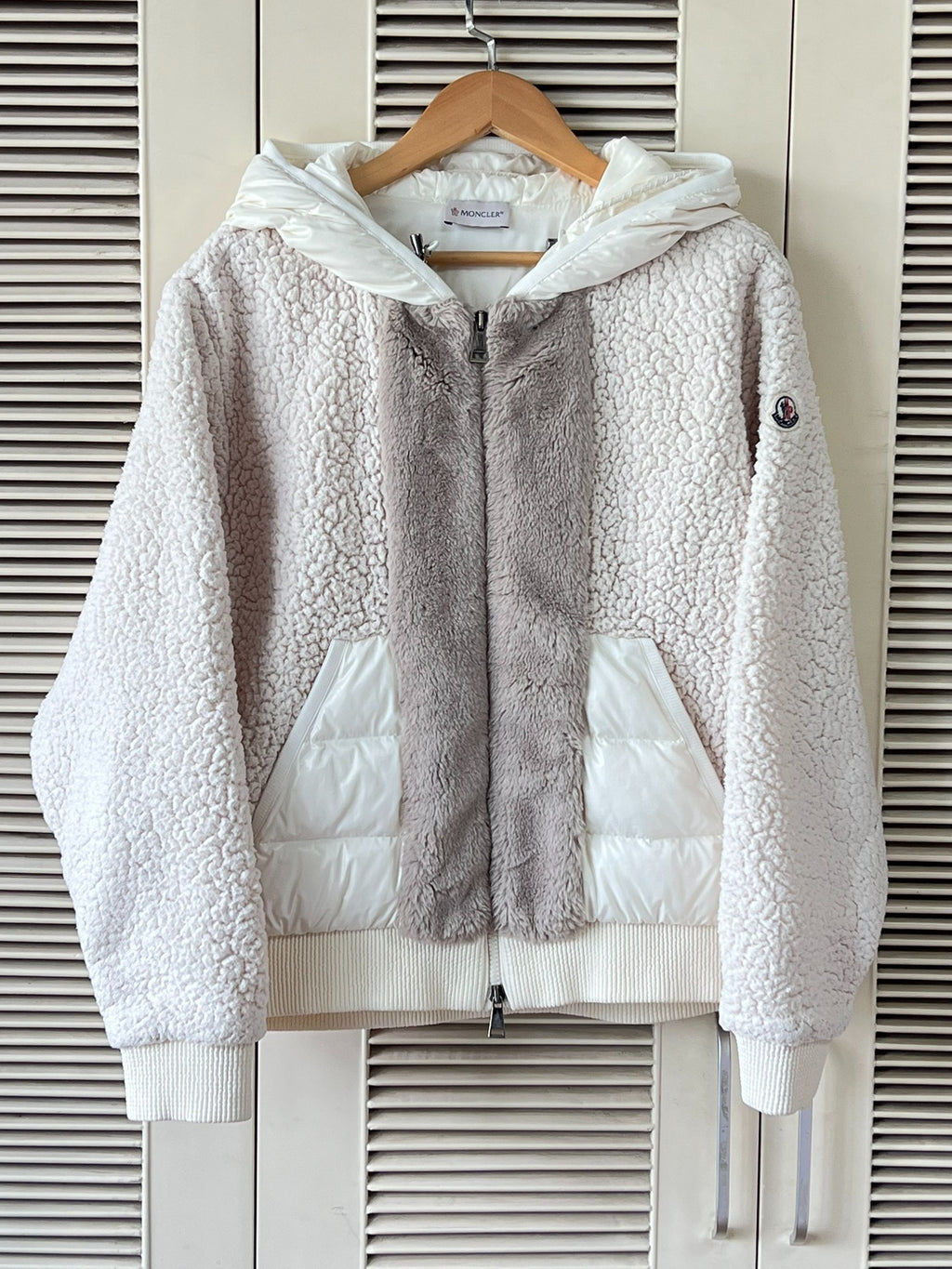 Moncler cream white shearling panel down jacket
