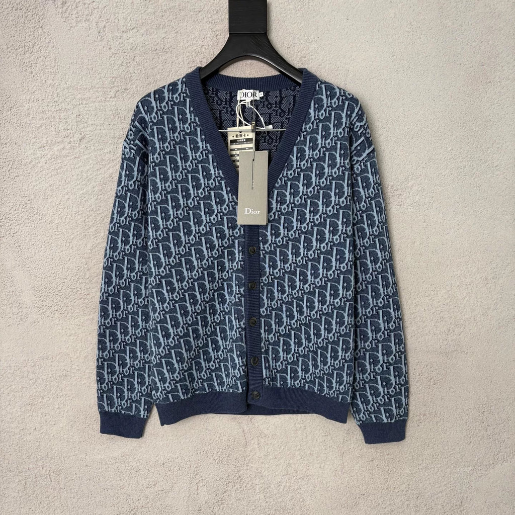 Dior FW26 Blue Coarse Tweed Vintage All-Over Print Cardigan