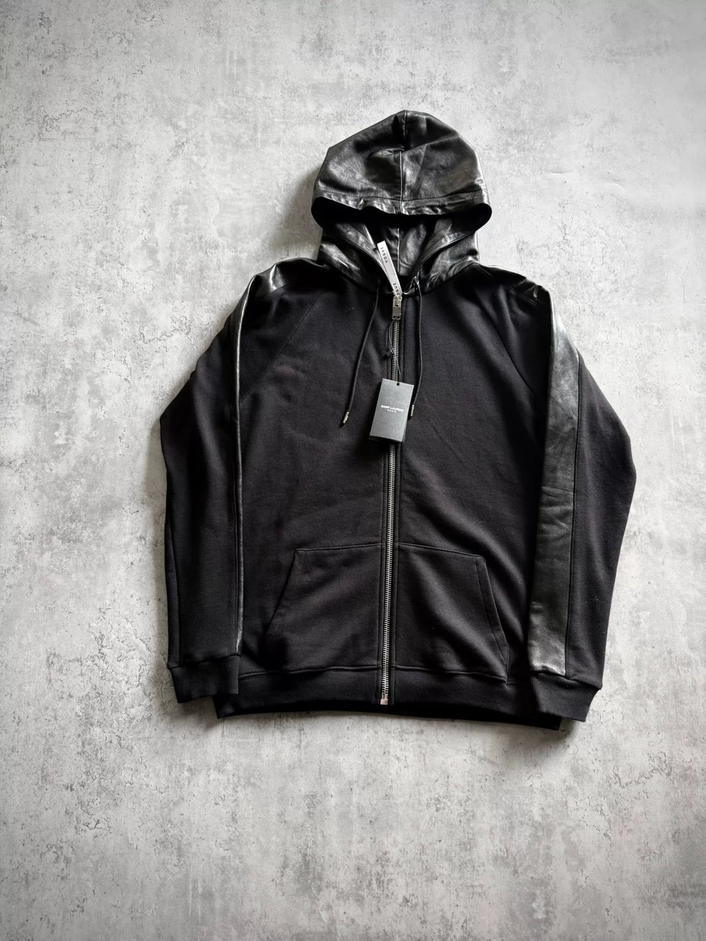 Saint Laurent Paris Black Leather-Panel Hoodie by Hedi Slimane