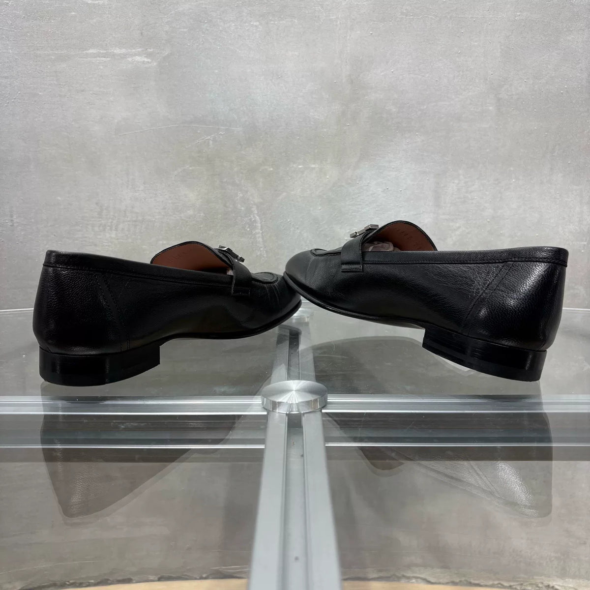 HERMES Black Silver Buckle Loafers