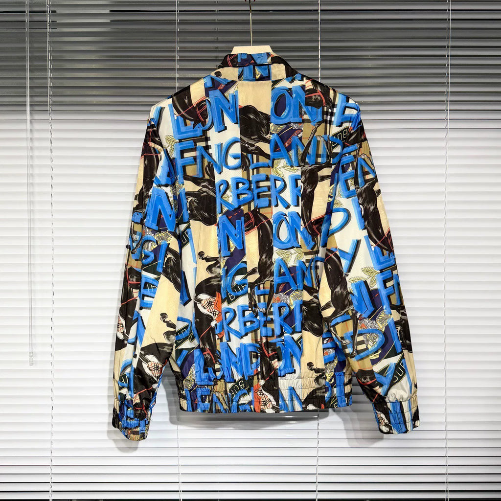 Burberry Logo All-Over Print Stand Collar Blue Jacket