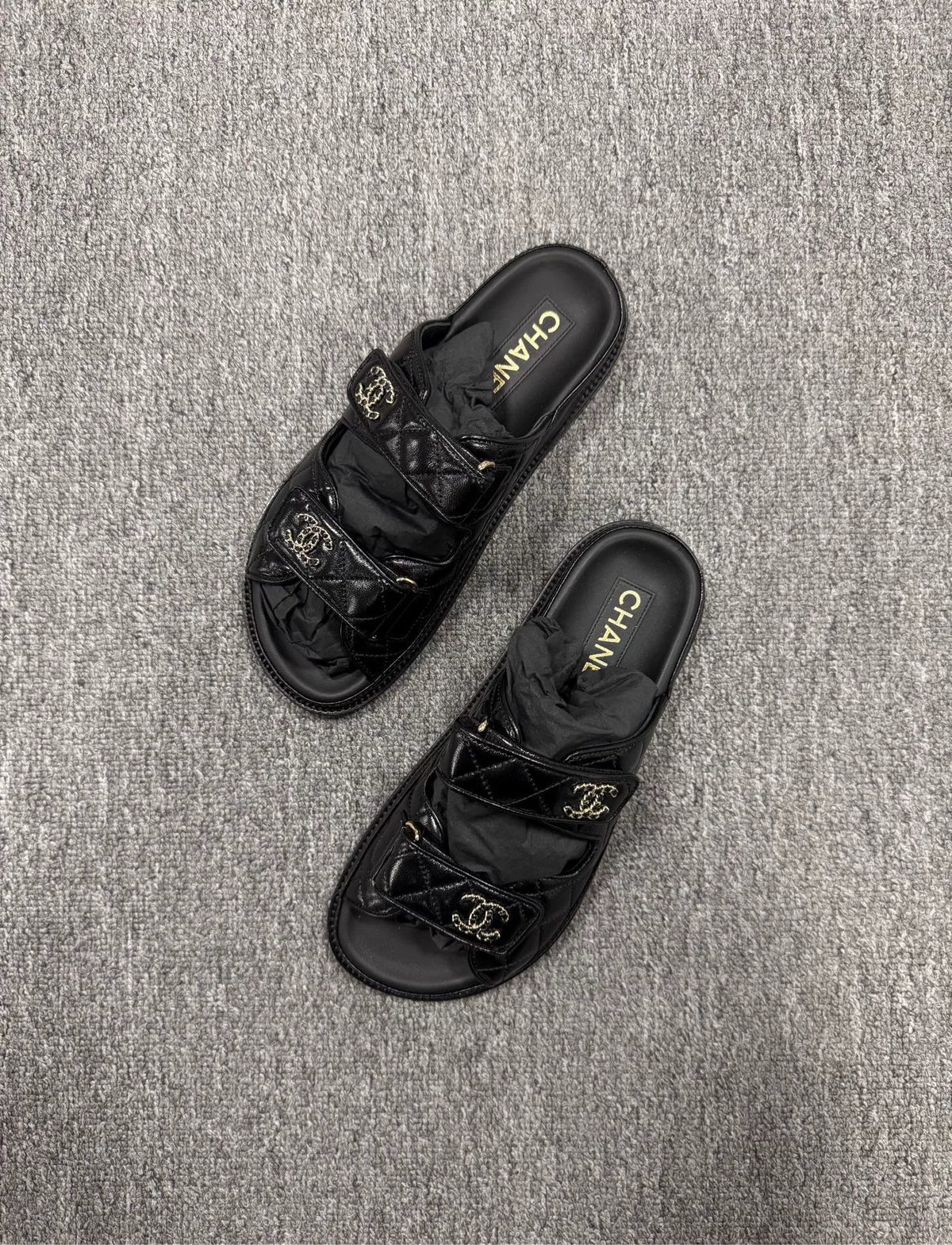 Chanel Black Gold Velcro Oil Wax Leather Sandals