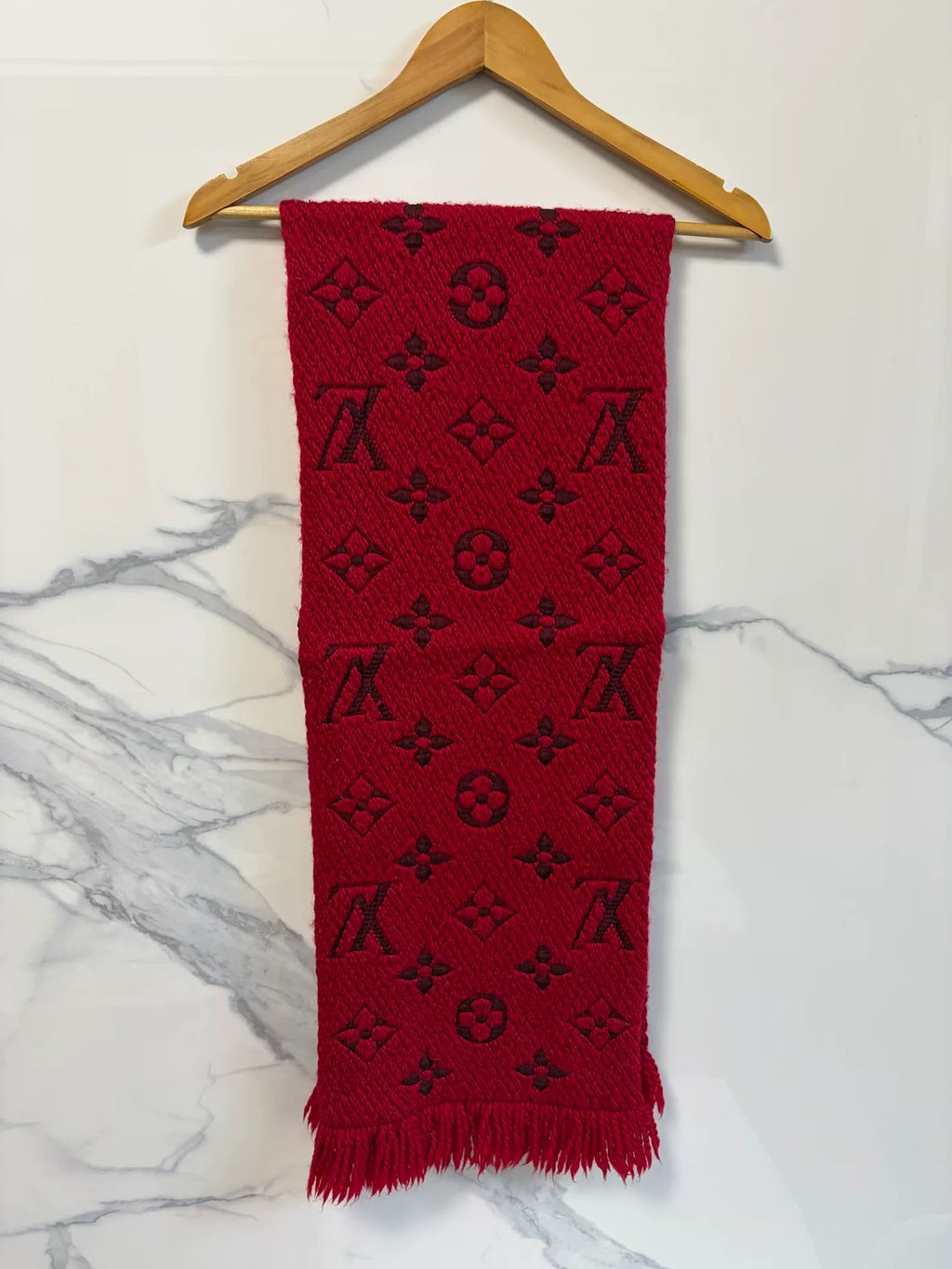 Louis Vuitton Red Monogram Wool Silk Fringe Scarf
