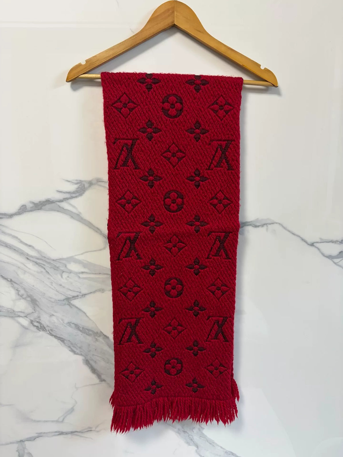 Louis Vuitton Red Monogram Wool Silk Fringe Scarf