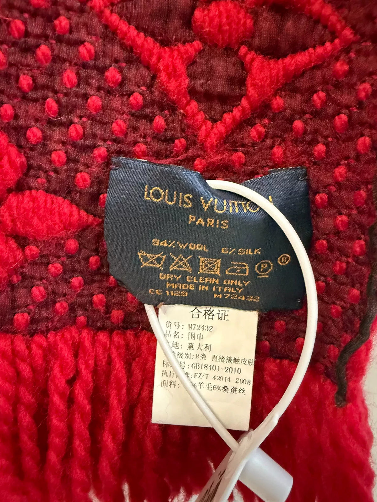 Louis Vuitton Red Monogram Wool Silk Fringe Scarf