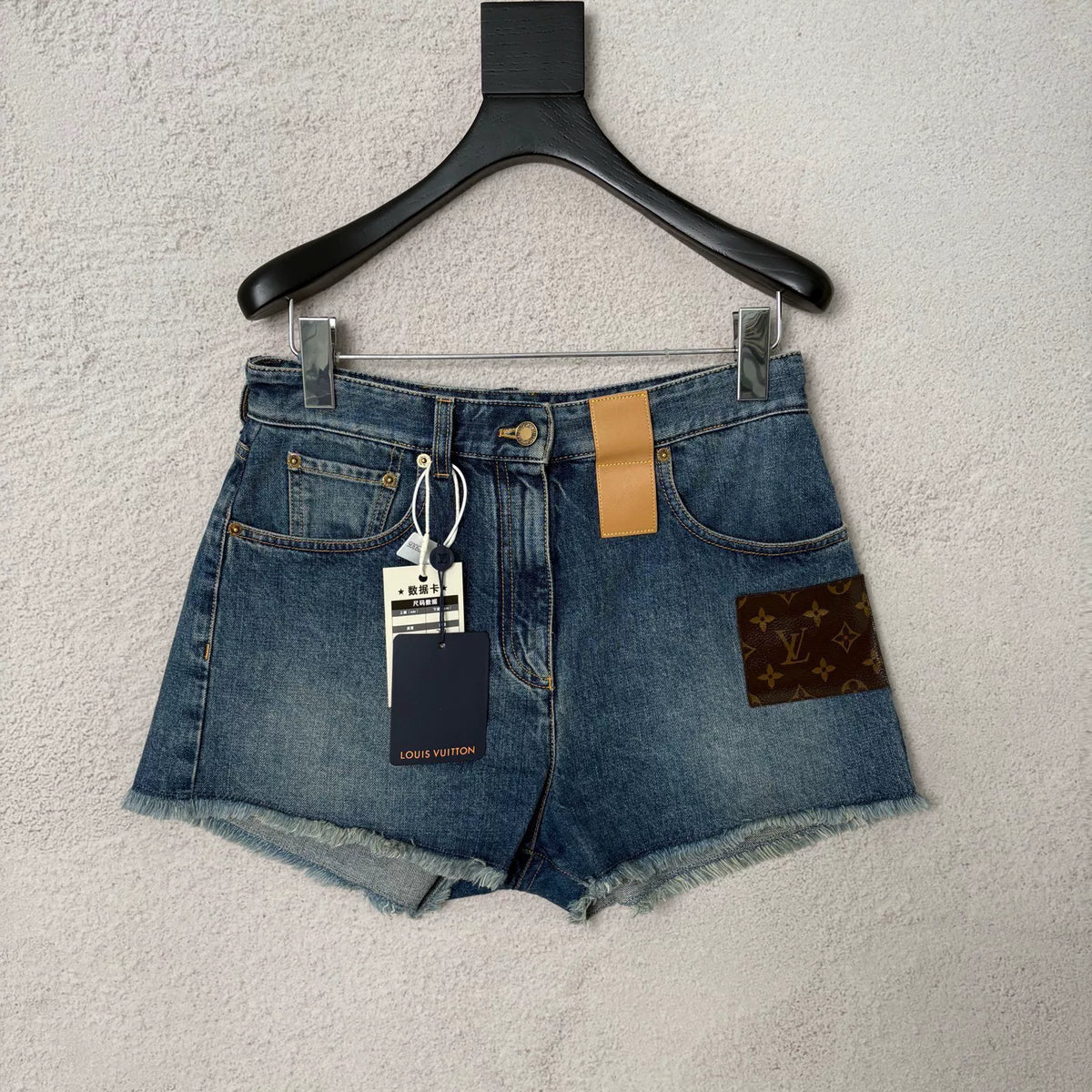 Louis Vuitton Blue Raw Edge Monogram Leather Patch Denim Shorts