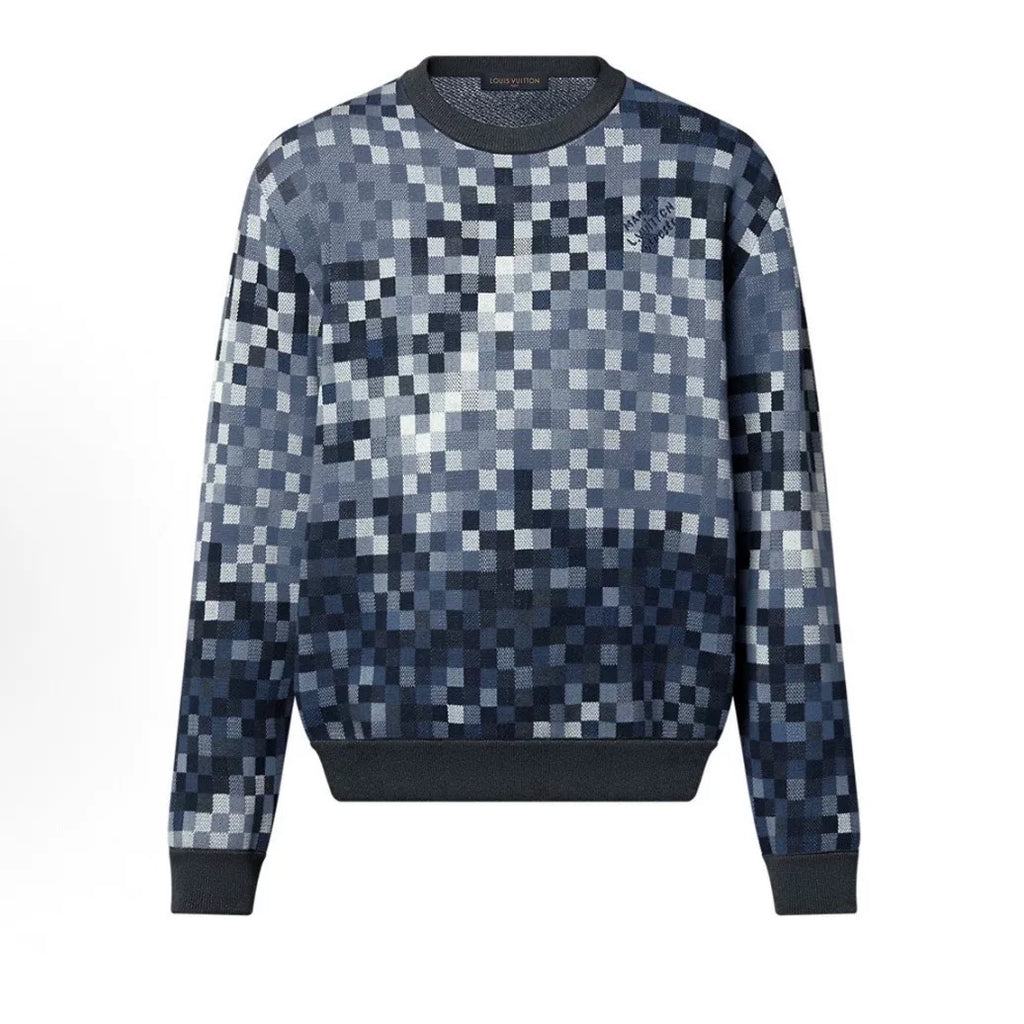 Louis Vuitton Long Sleeve Knit Checkerboard Studded Logo Embroidered Logo Cotton Navy Hoodie