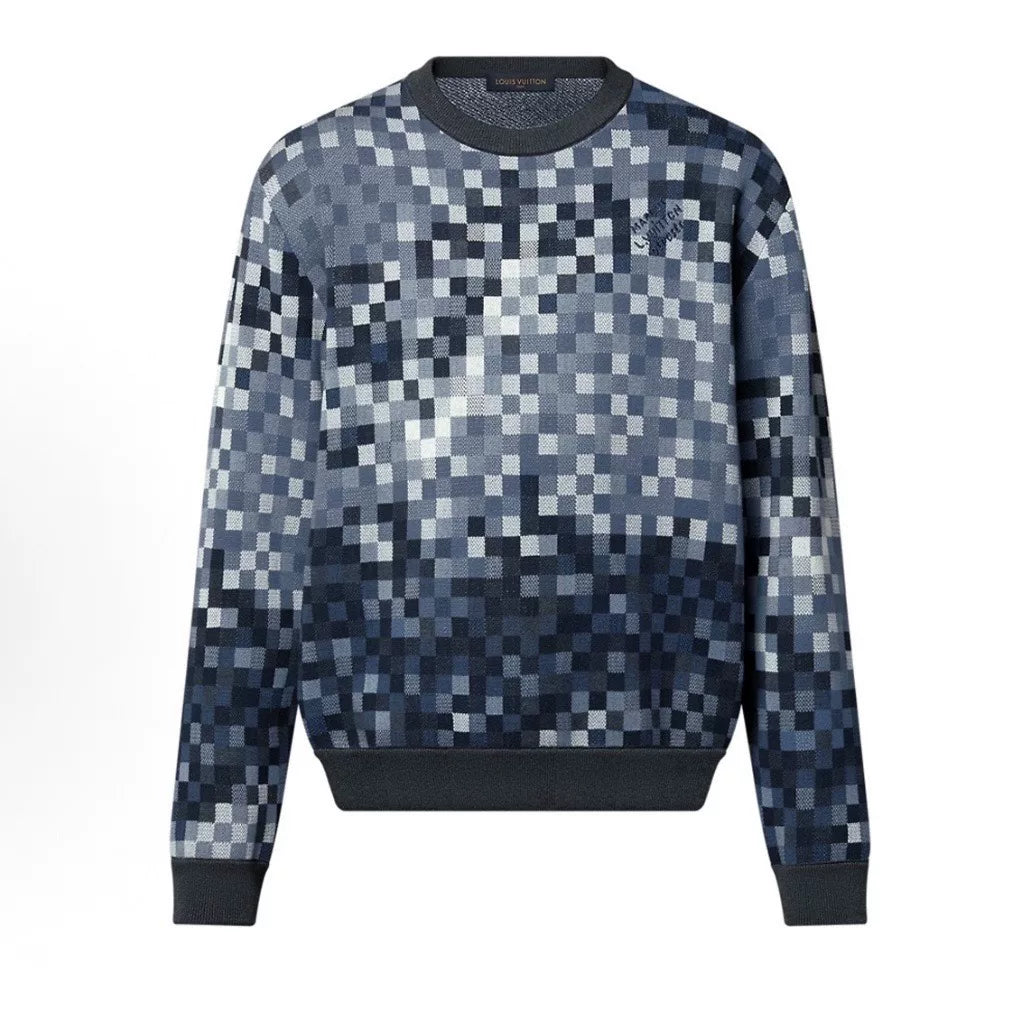 Louis Vuitton Long Sleeve Knit Checkerboard Studded Logo Embroidered Logo Cotton Navy Hoodie