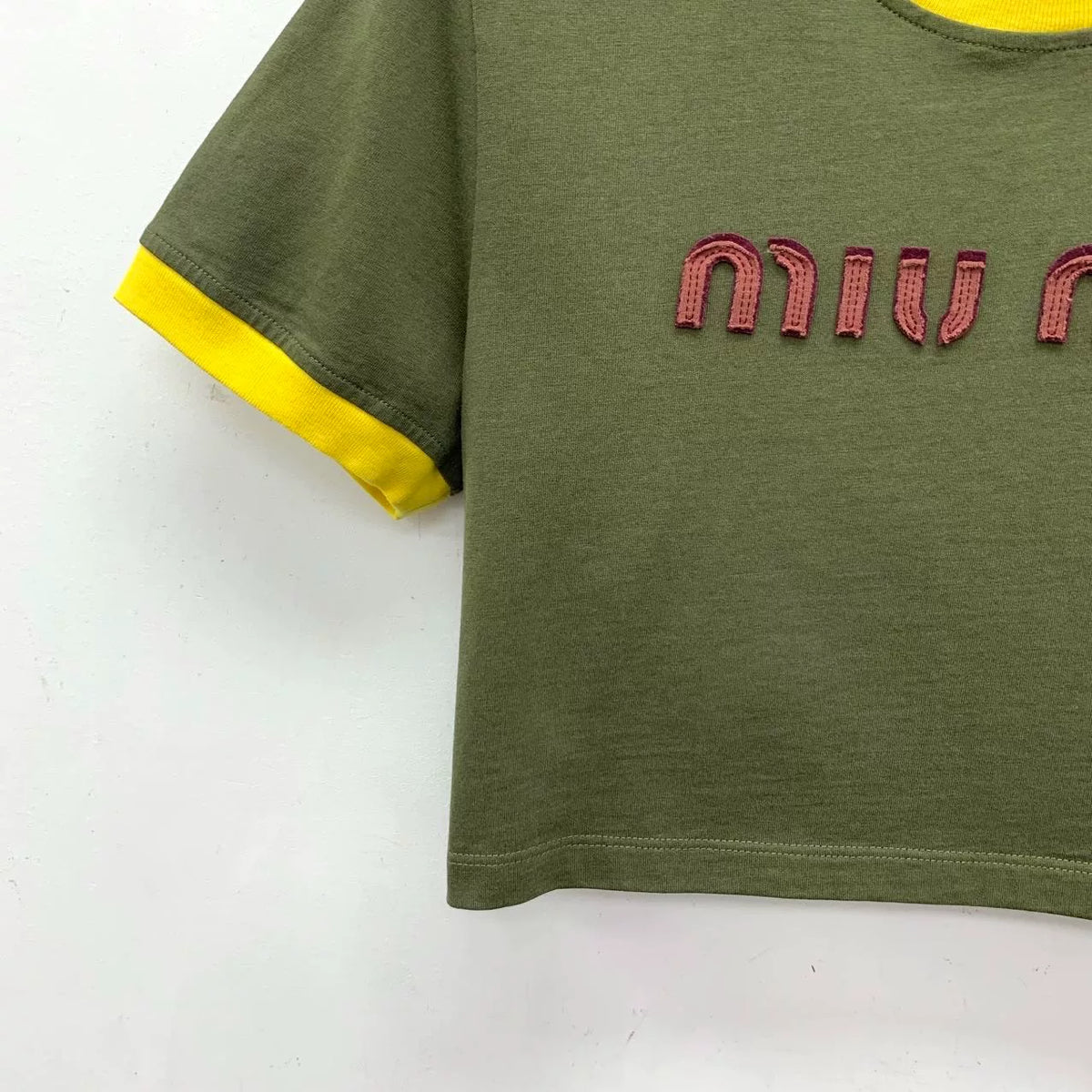 Miu Miu Olive Logo Letter Embroidered Cotton Crew Neck Short Sleeve Top