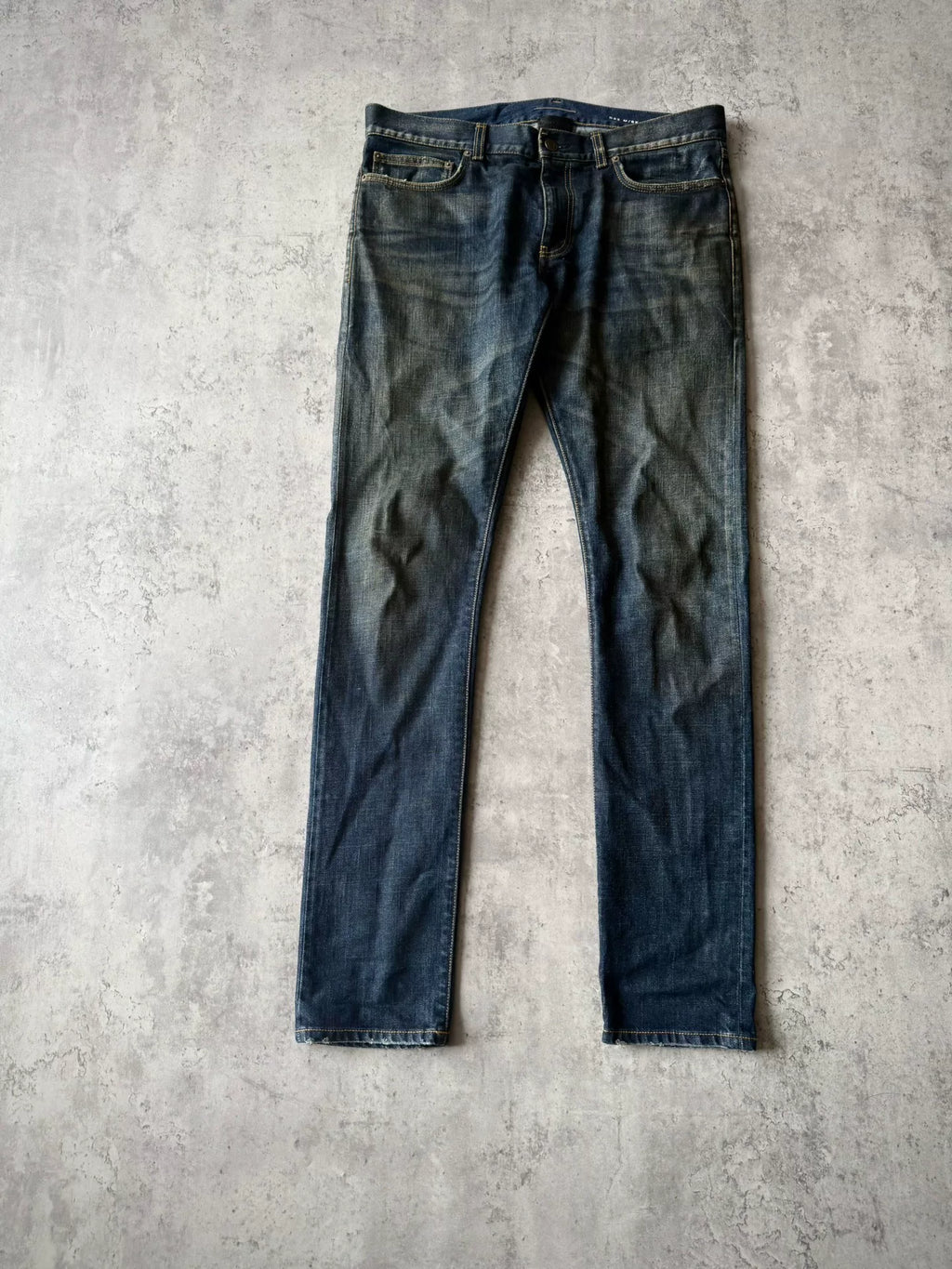 Saint Laurent Paris AW13 D02 Blue Washed Oil Stain Mud Dyed Denim Jeans by Hedi Slimane