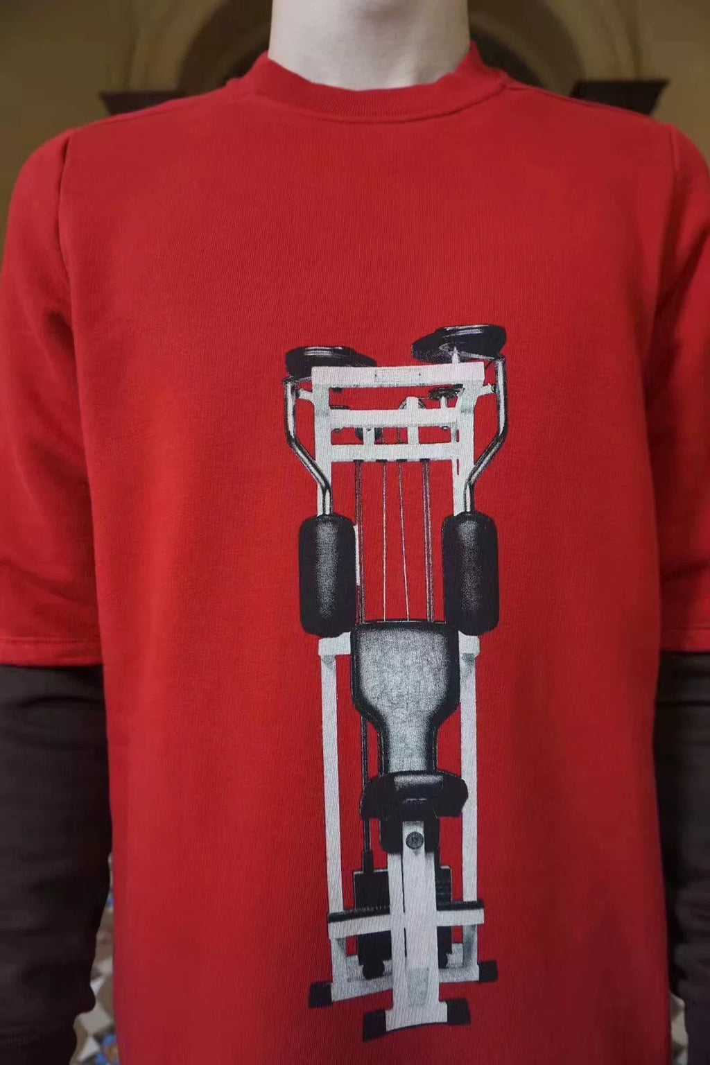Rick Owens FW19 Red Gym Print Layered Cotton Sweater