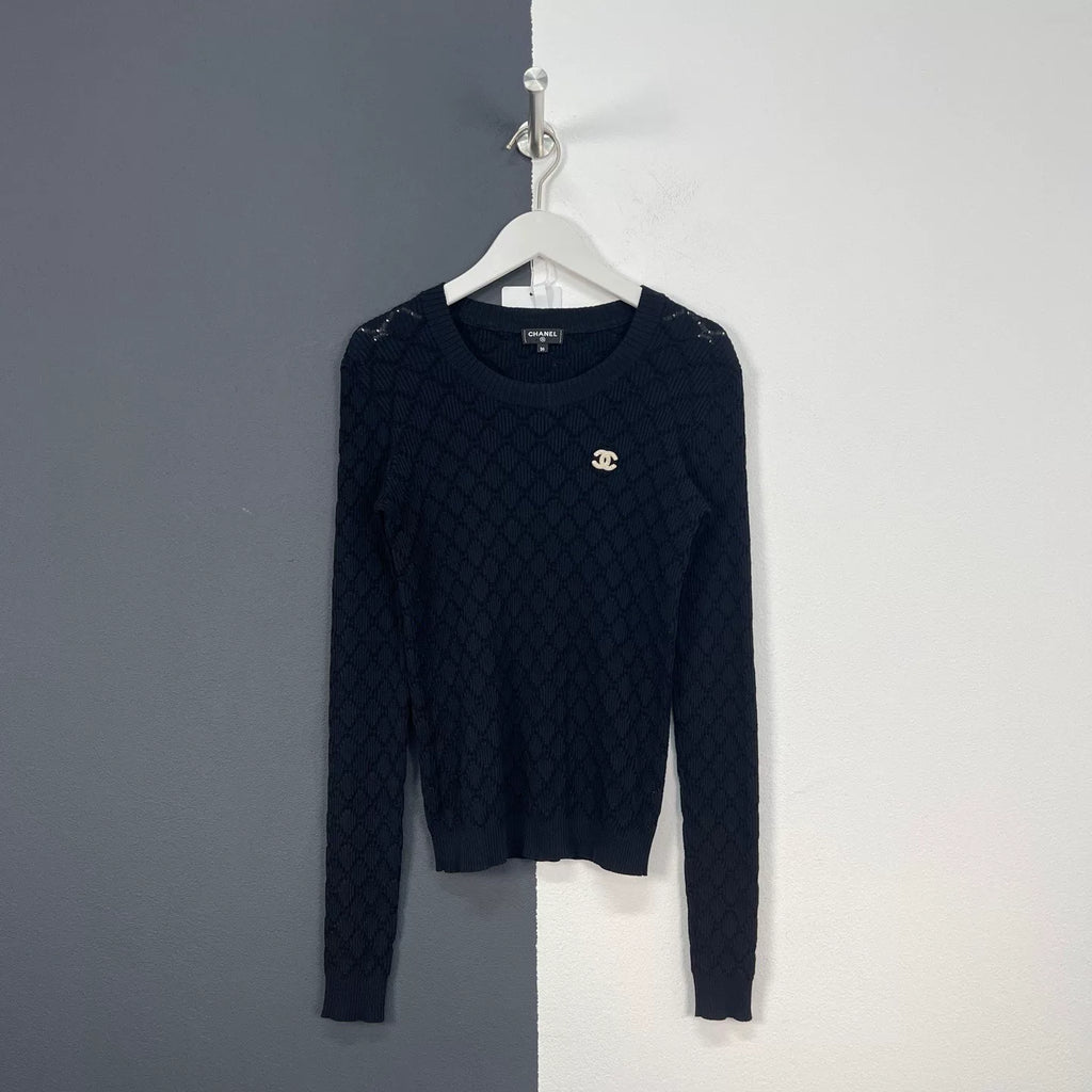 Chanel Quilted Logo Knit Long Sleeve Top