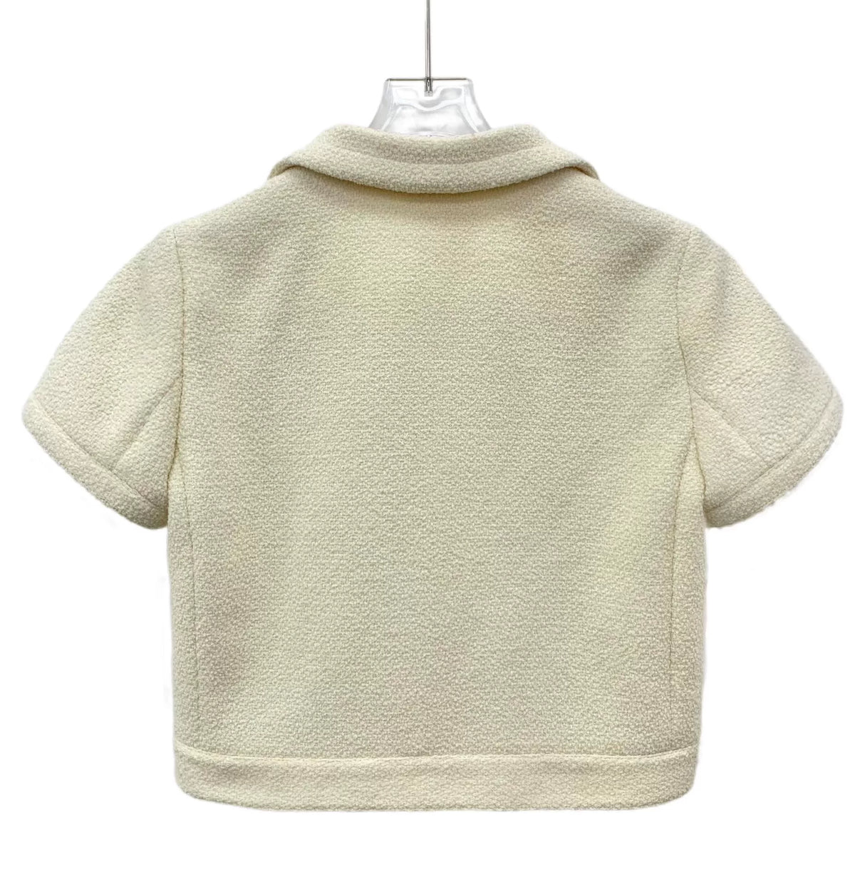 Celine Beige Gold-Button Wool Collared Single-Breasted Short Sleeve Boucle Jacket