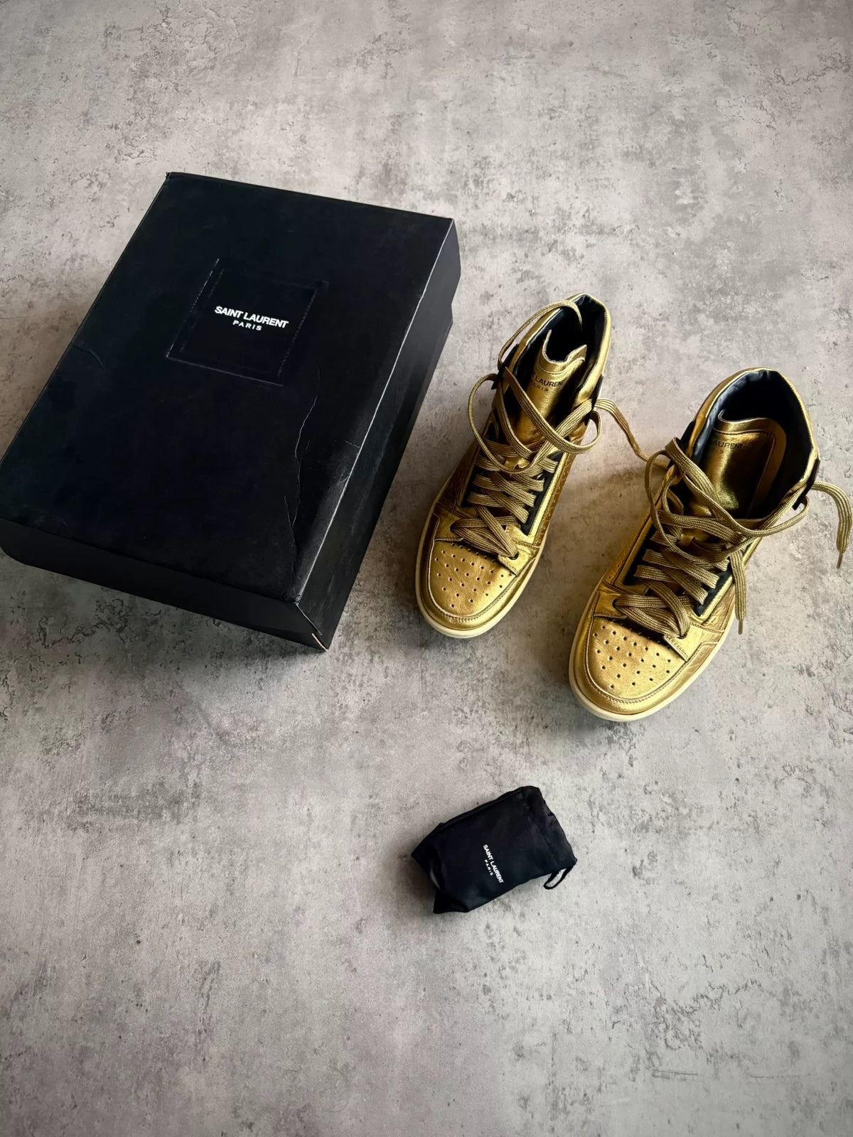 Saint Laurent Paris 15AW SL/24H Gold Metal Pleated High-Top Sneakers by Hedi Slimane