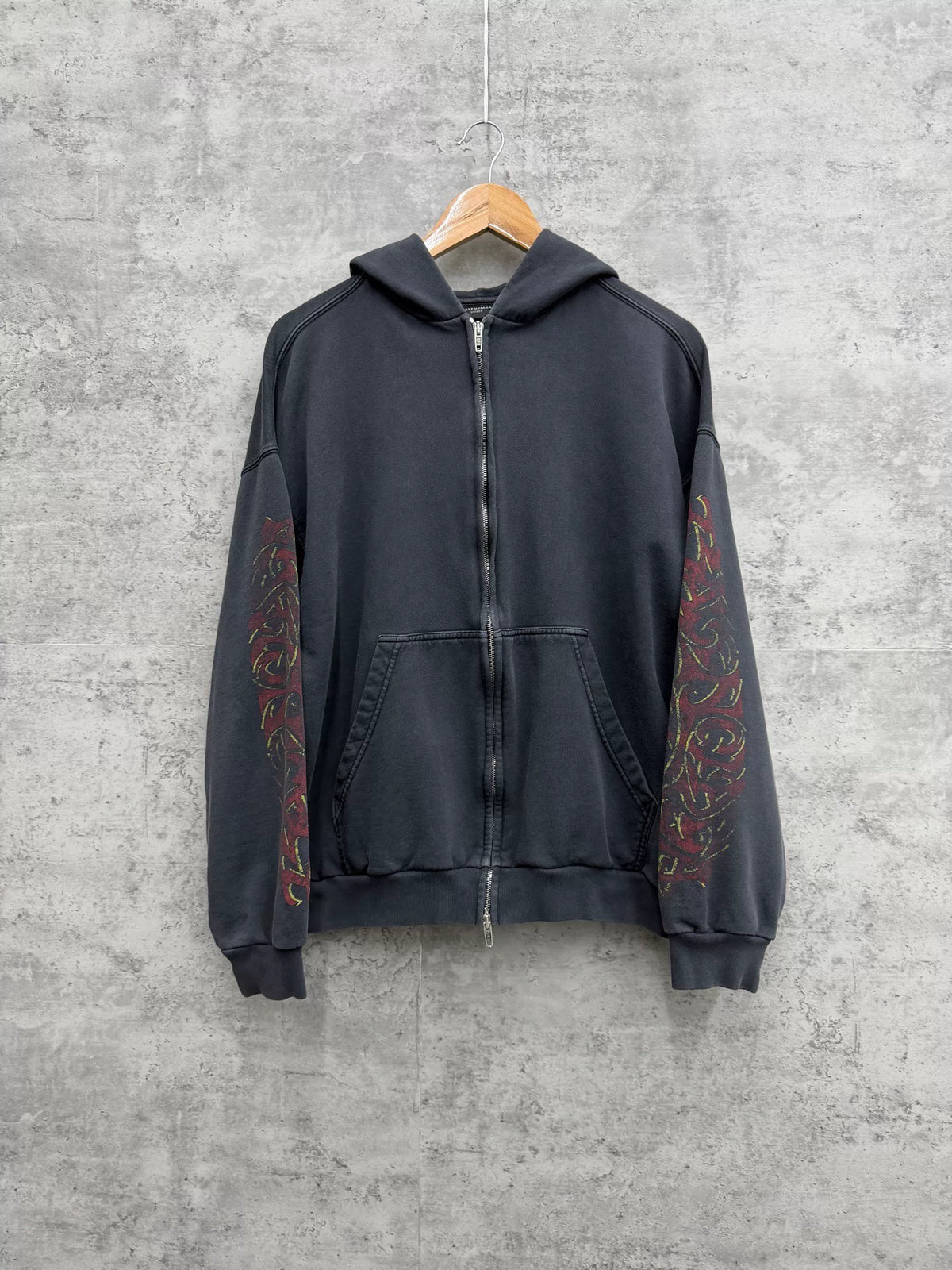 Balenciaga Distressed Flame Logo Zip-Up Hooded Top