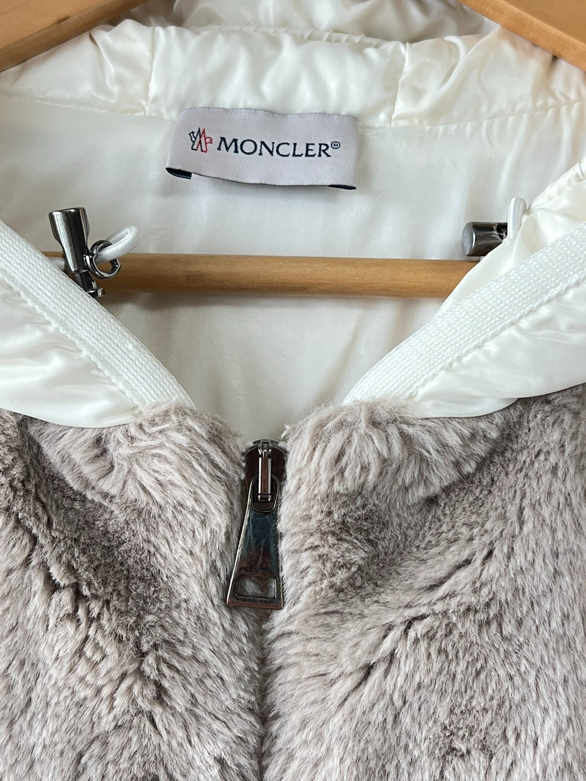 Moncler cream white shearling panel down jacket