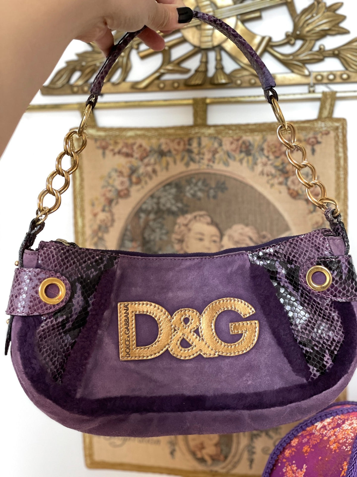 Dolce & Gabbana D&G Du Jia Ban Na purple snake pattern fuzzy patchwork secondhand bag