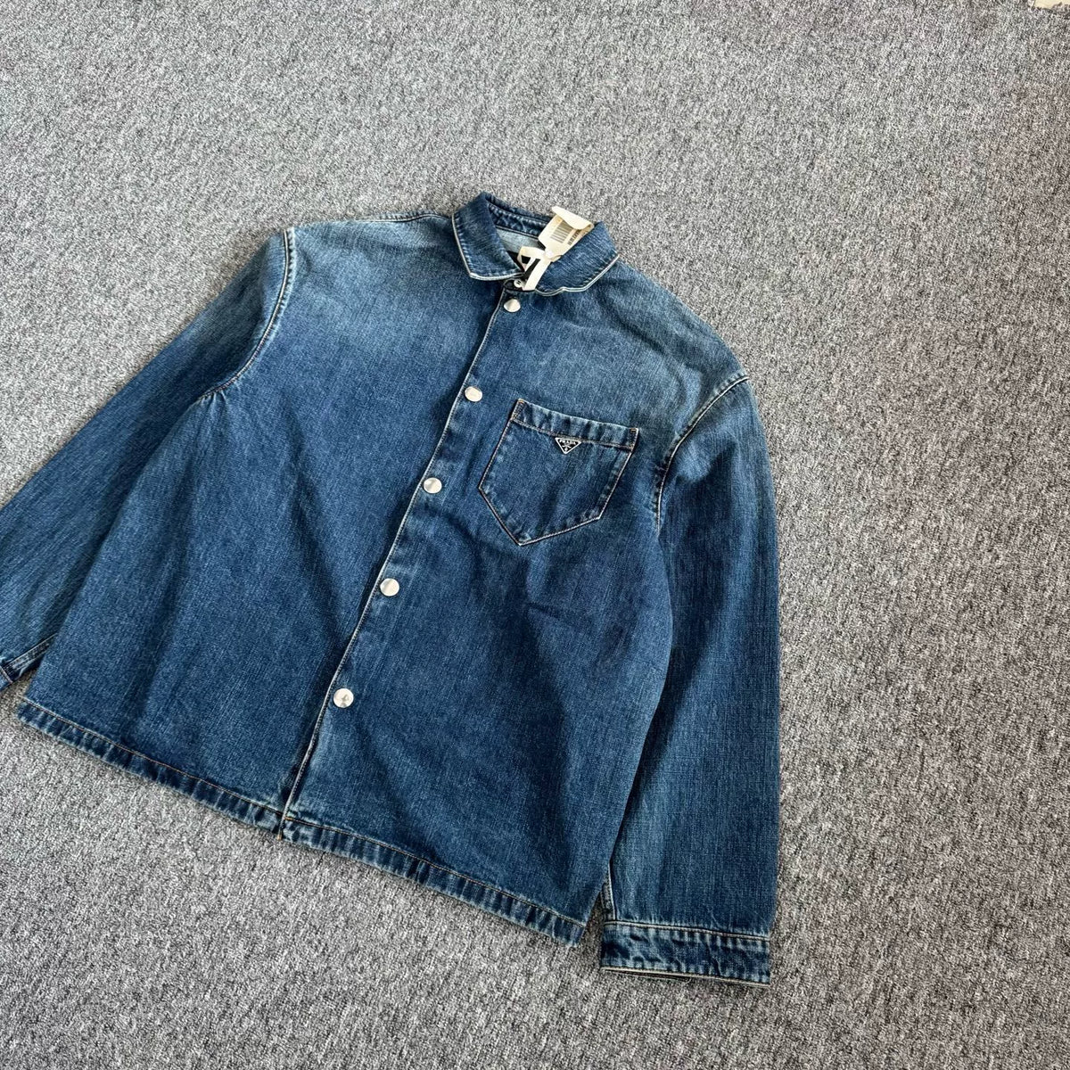 Prada Triangle Logo Pocket Denim Short Sleeve Shirt