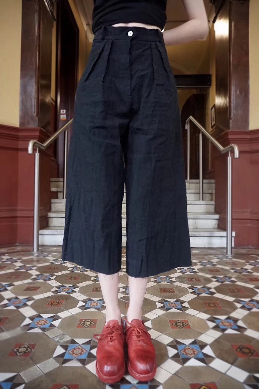 M.A+ SS16 Black Pleated Cotton Linen Trousers
