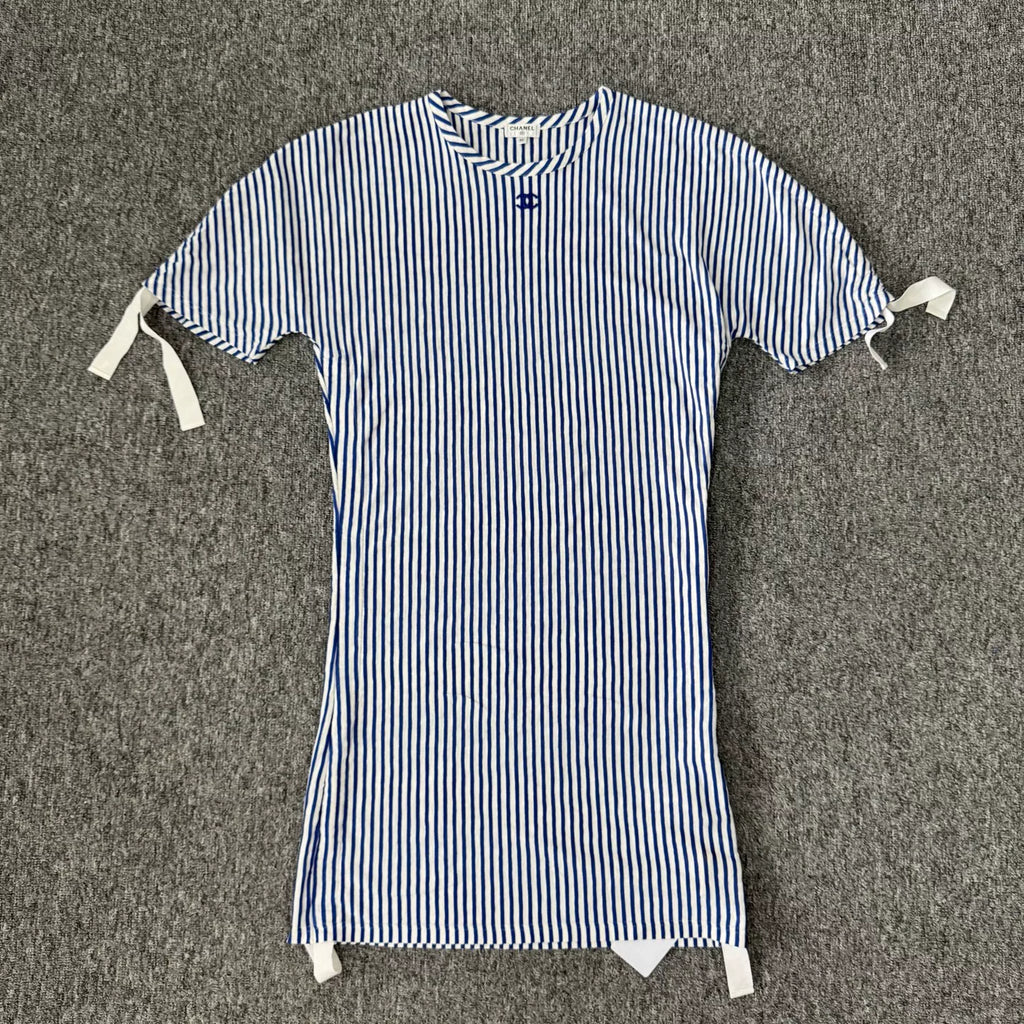 Chanel Short Sleeve Blue White Striped Dress