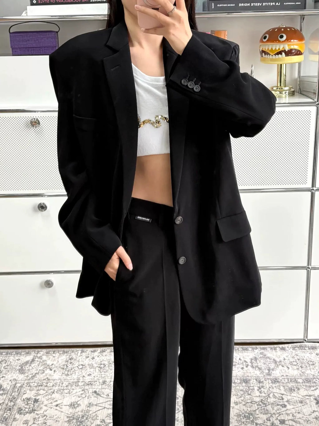 Balenciaga Black V-Logo Label Straight Wide-Leg Pants