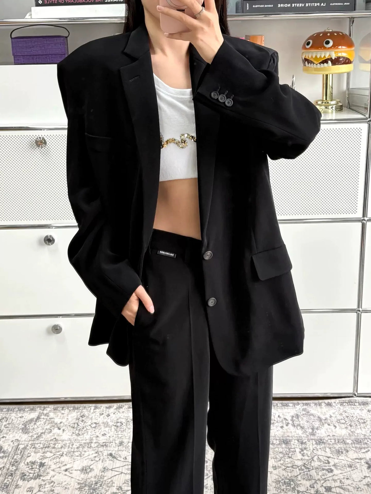 Balenciaga Black V-Logo Label Straight Wide-Leg Pants