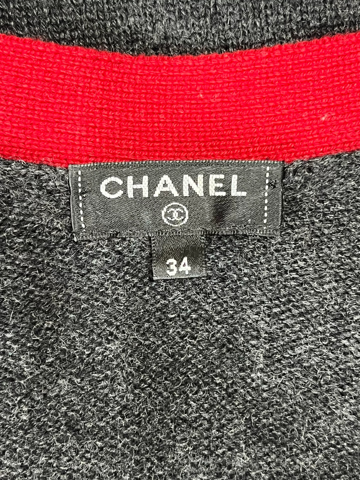 Chanel Grey Red Trim V-Neck Knit Cardigan