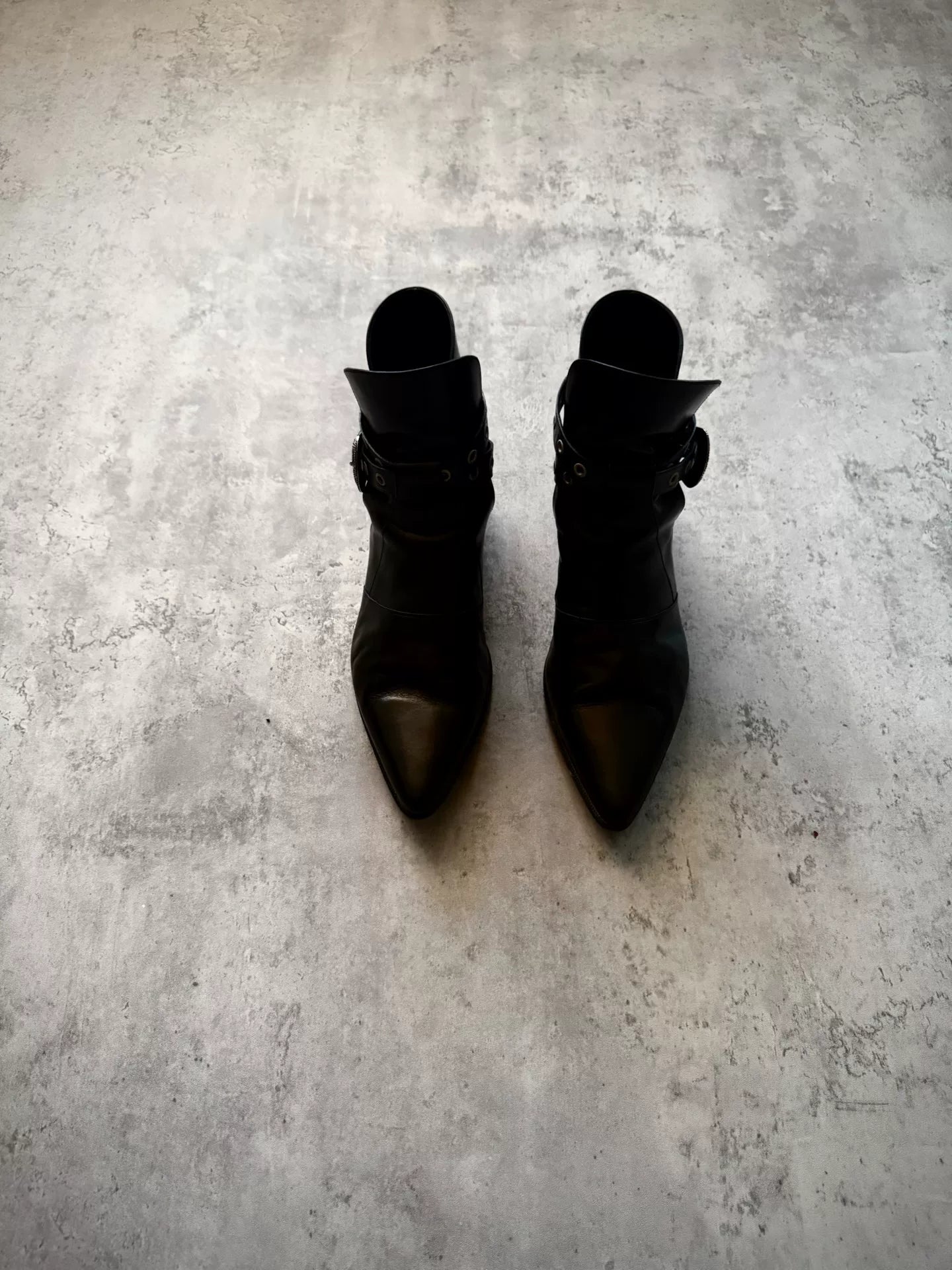 Saint Laurent Paris 14SS Black Leather Western Buckle Pointed Ankle Boots by Hedi Slimane