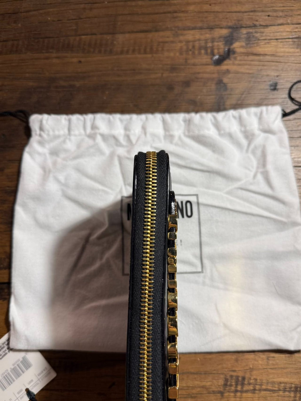 Moschino SS15 Black Gold Logo Zip Leather Wallet