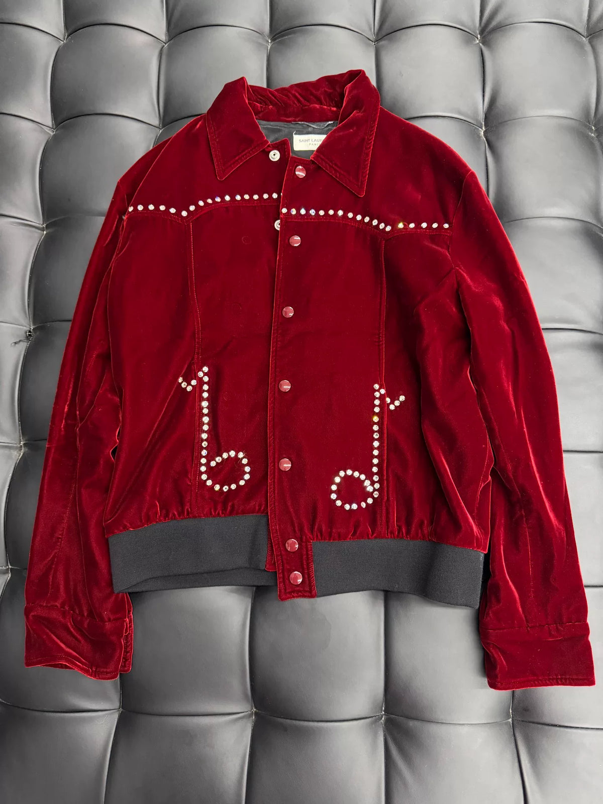 Saint Laurent AW16 Rhinestone Note Velvet Top