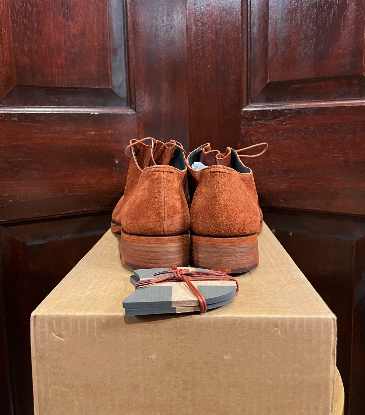 M.A+ Rosso Double Fold Coral Red Suede Derby Shoes
