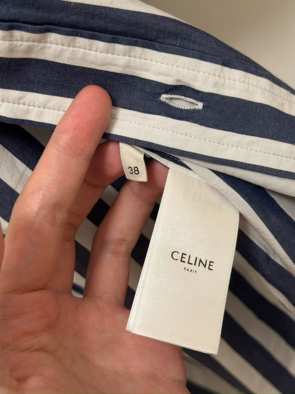 Celine Arc de Triomphe Logo Blue White Stripe Short Sleeve Shirt